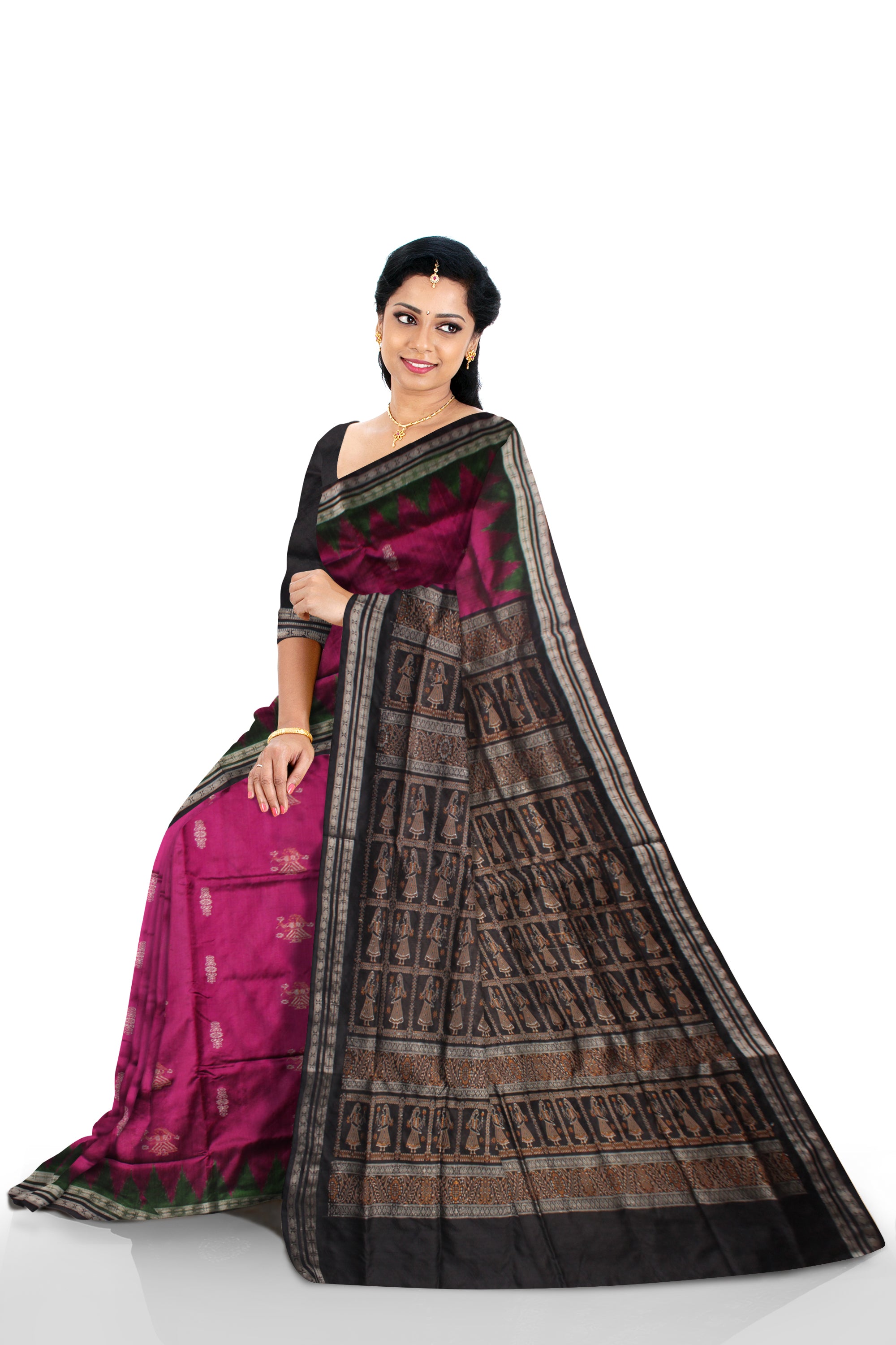 PALLU WITH  WHOLE BODY DOLL PRINT PATTERN PATA SAREE IS PINK ,GREEN  AND BLACK COLOR BASE,WITH MATCHING BLOUSE PIECE. - Koshali Arts & Crafts Enterprise