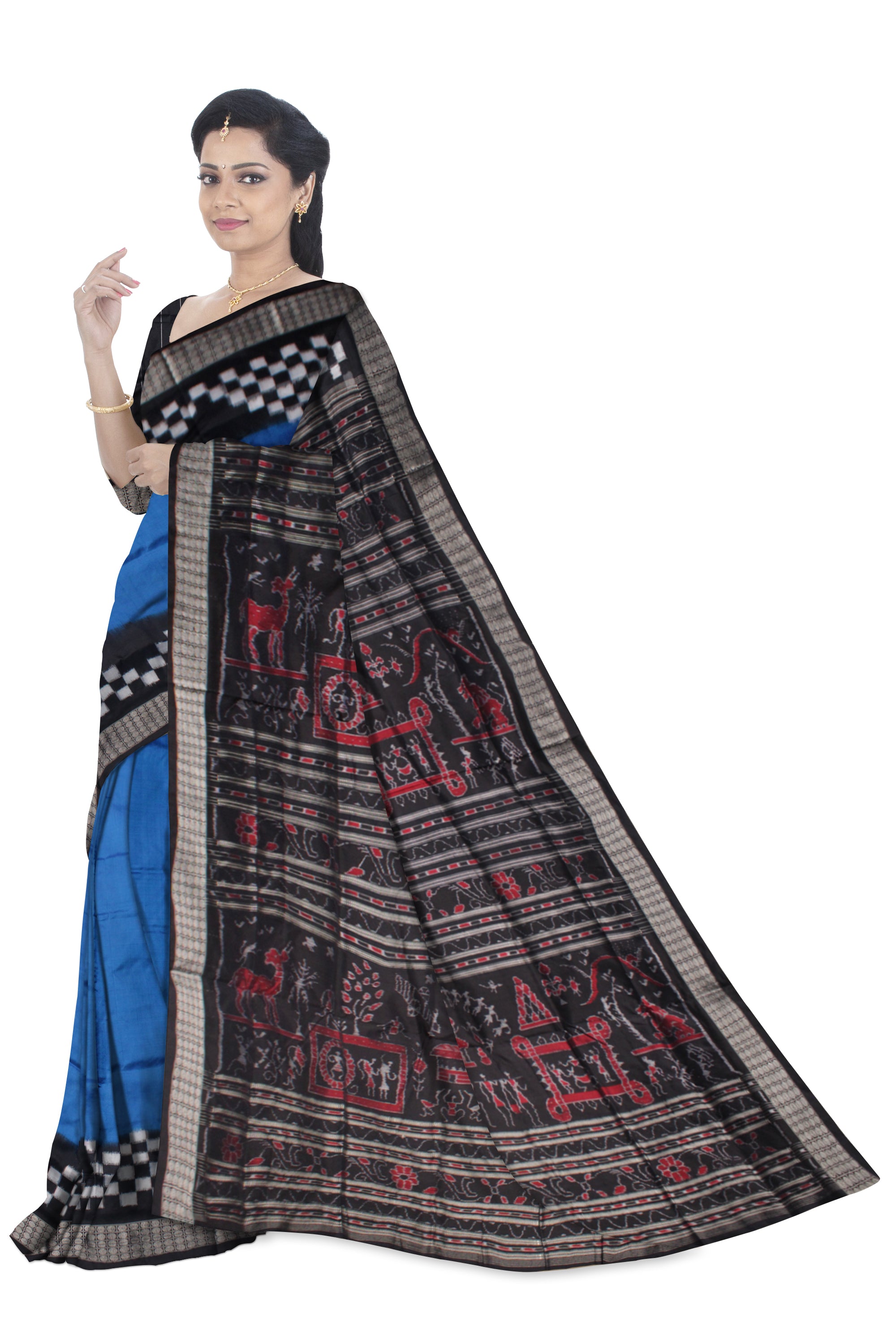 TRAIDITIONAL TERRACOTTA PATTERN PALLU WITH BORDER PASAPALI PATTERN PURE SILK SAREE IS BLUE AND BLACK COLOR BASE,WITH BLOUSE PIECE. - Koshali Arts & Crafts Enterprise