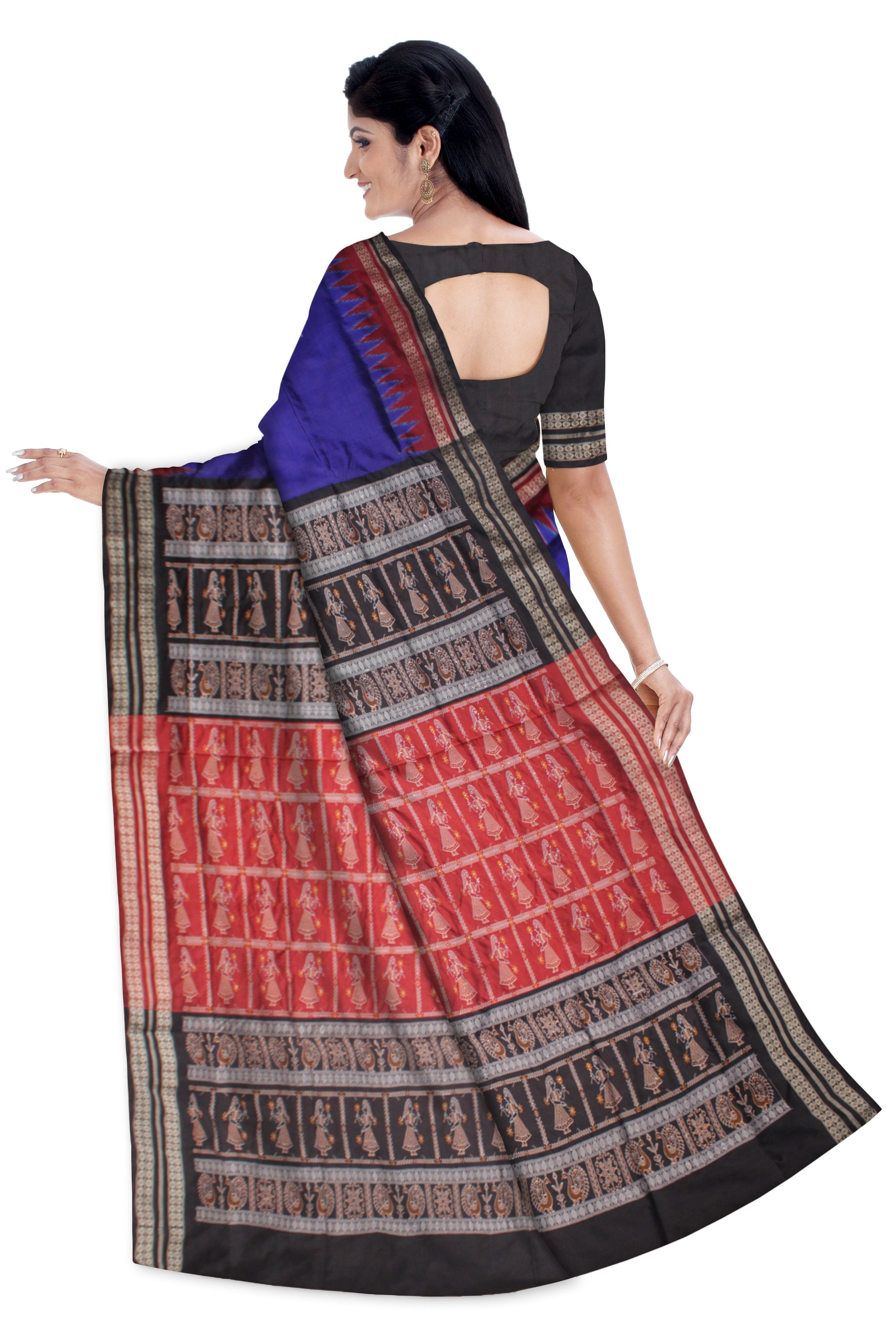 BLUE,MAROON AND BLACK COLOR BASE BODY PLAIN WITH PALLU DOLL PRINT PATTERN PATA SAREE, WITH MATCHING BLOUSE PIECE. - Koshali Arts & Crafts Enterprise