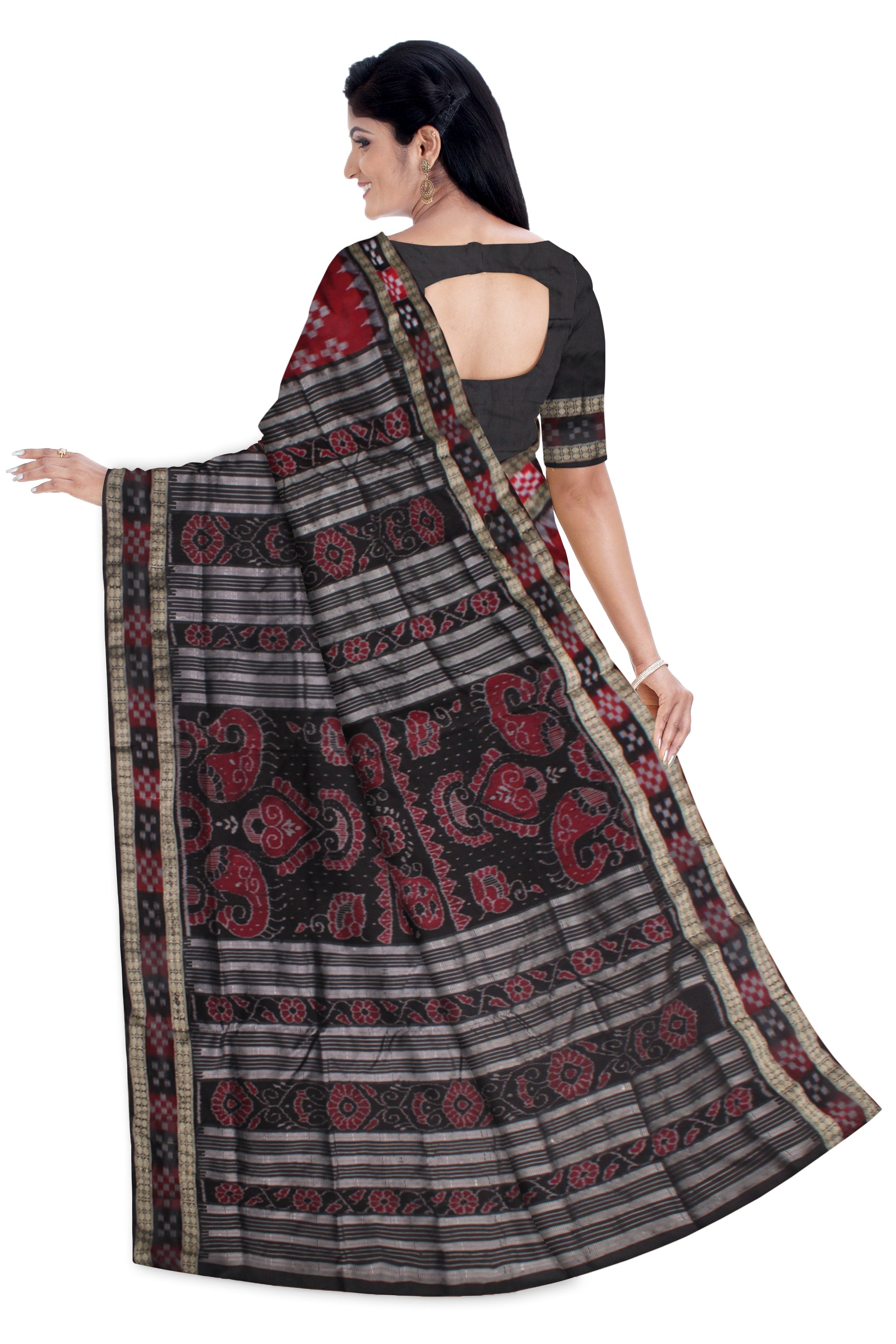 PALLU BEAUTIFUL PEACOCK PRINT WITH BODY SMALL BOOTTY PATTERN DHADI SAPTA PATA SAREE IS MAROON AND BLACK COLOR BASE.WITH BLOUSE PIECE. - Koshali Arts & Crafts Enterprise