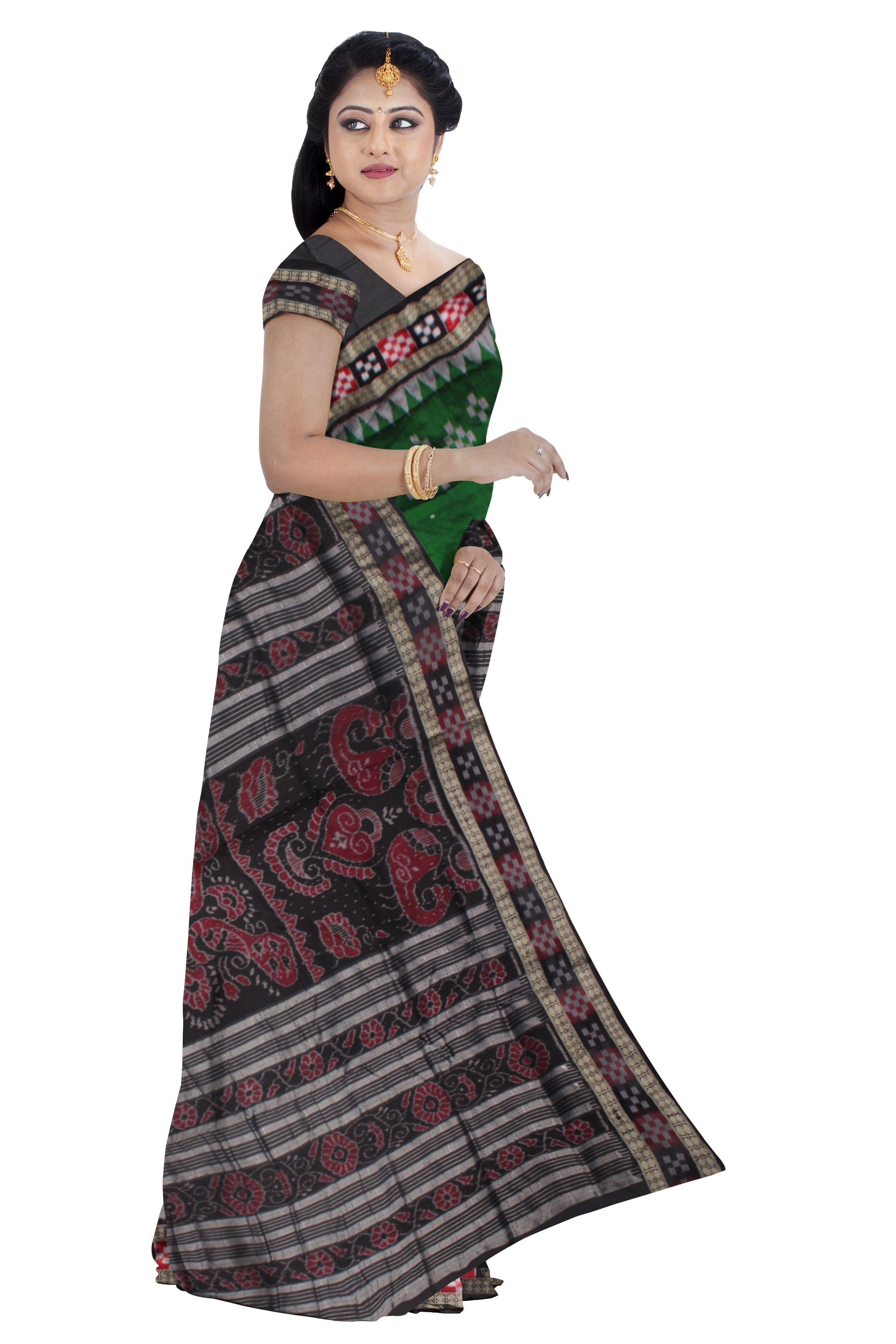 GREEN AND BLACK COLOR DHADI SAPTA PATTERN PATA SAREE,COMES WITH MATCHING BLOUSE PIECE. - Koshali Arts & Crafts Enterprise
