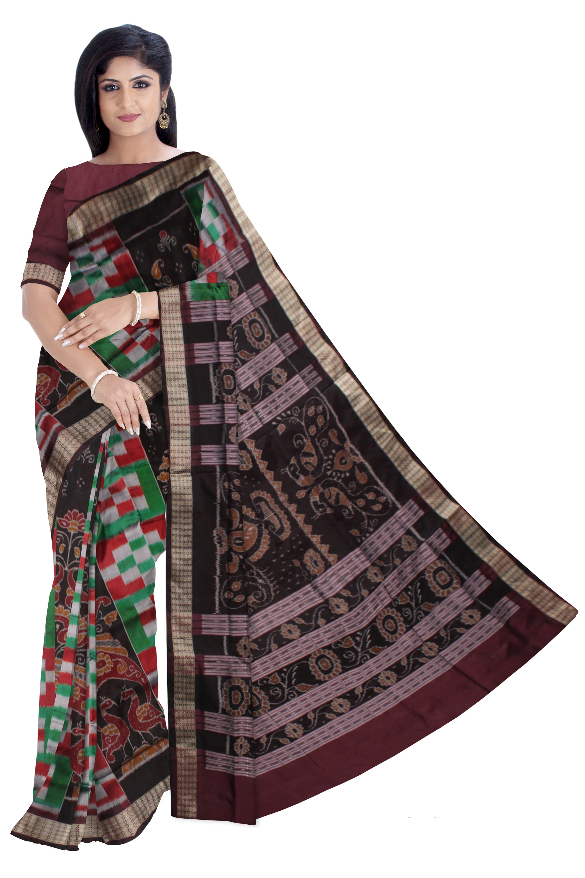 PASAPALI WITH PEACOCK PRINT BOMKEI PATA SAREE IS GREEN,MAROON AND COFFEE COLOR BASE, WITH MATCHING BLOUSE PIECE. - Koshali Arts & Crafts Enterprise