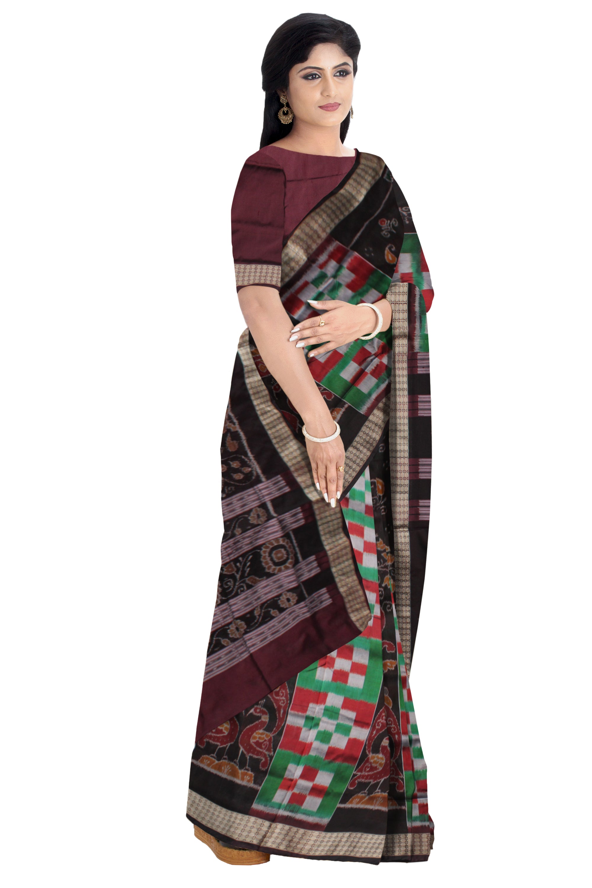 PASAPALI WITH PEACOCK PRINT BOMKEI PATA SAREE IS GREEN,MAROON AND COFFEE COLOR BASE, WITH MATCHING BLOUSE PIECE. - Koshali Arts & Crafts Enterprise