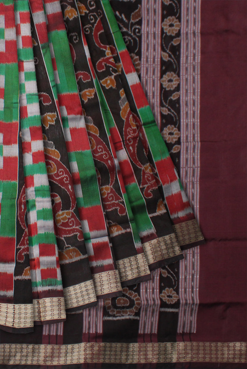 PASAPALI WITH PEACOCK PRINT BOMKEI PATA SAREE IS GREEN,MAROON AND COFFEE COLOR BASE, WITH MATCHING BLOUSE PIECE. - Koshali Arts & Crafts Enterprise