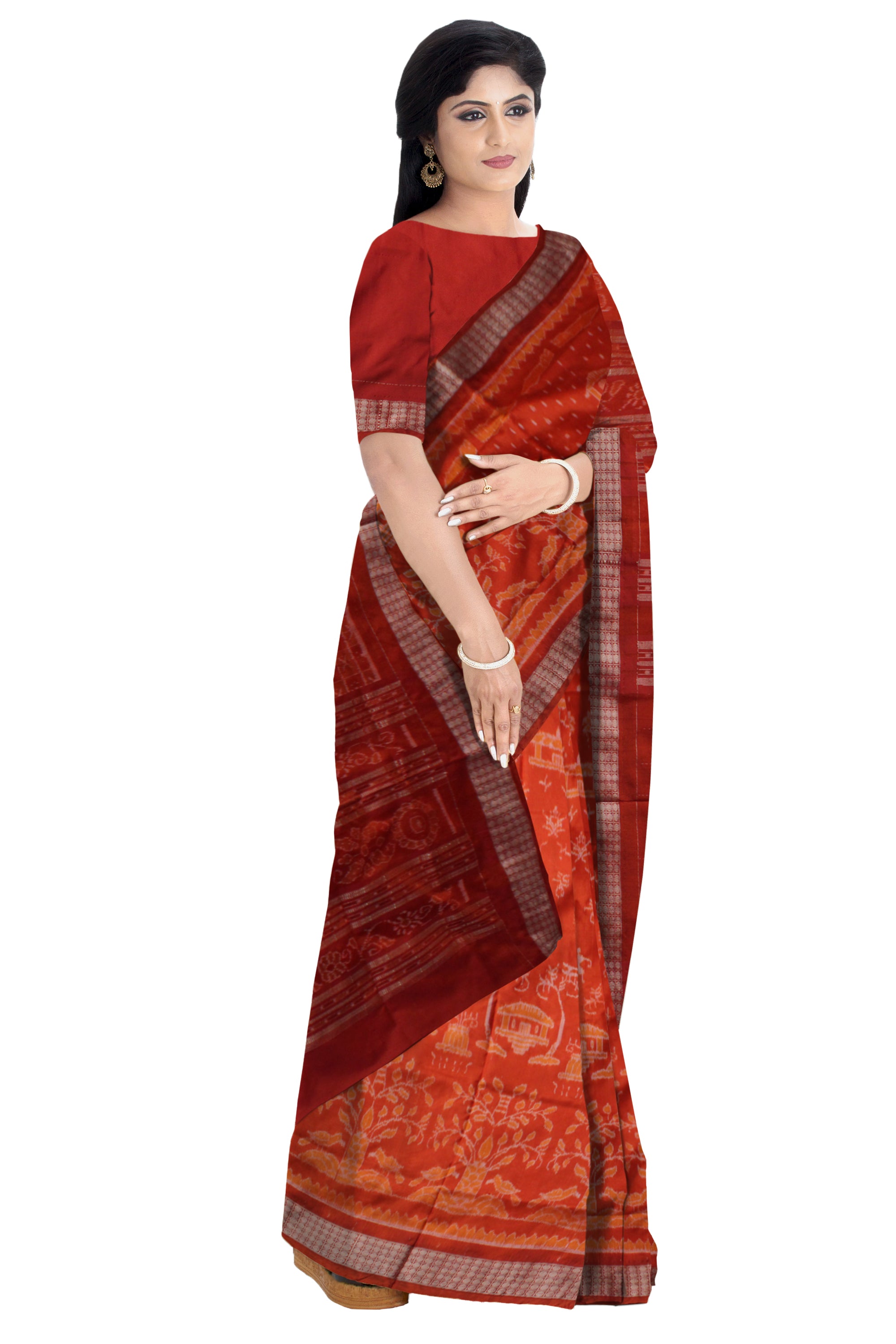 TRADITIONAL TERRACOTTA WITH VILLAGE PATTERN PATA SAREE IS ORANGE AND MAROON COLOR BASE,ATTACHED WITH MATCHING BLOUSE PIECE. - Koshali Arts & Crafts Enterprise