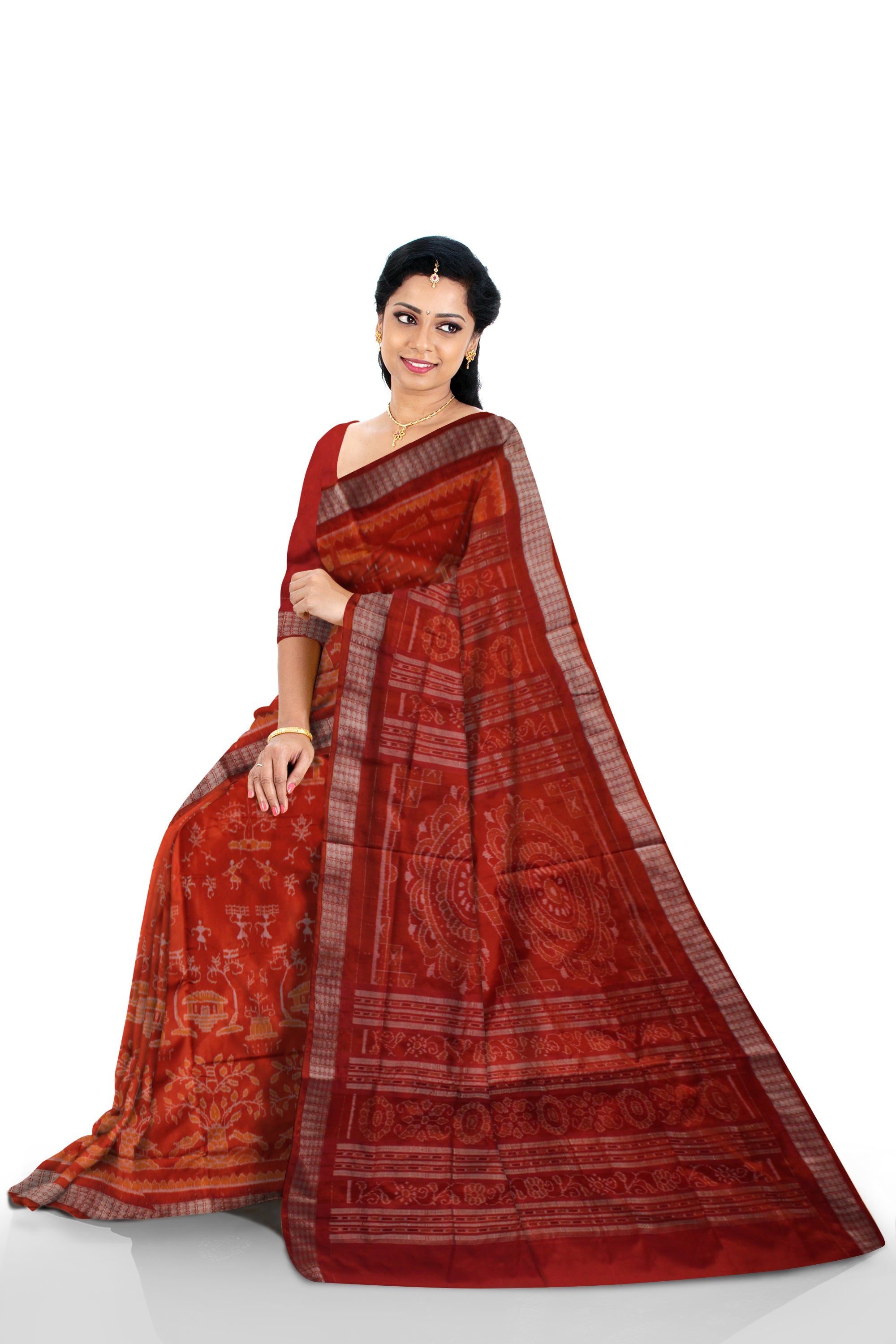TRADITIONAL TERRACOTTA WITH VILLAGE PATTERN PATA SAREE IS ORANGE AND MAROON COLOR BASE,ATTACHED WITH MATCHING BLOUSE PIECE. - Koshali Arts & Crafts Enterprise