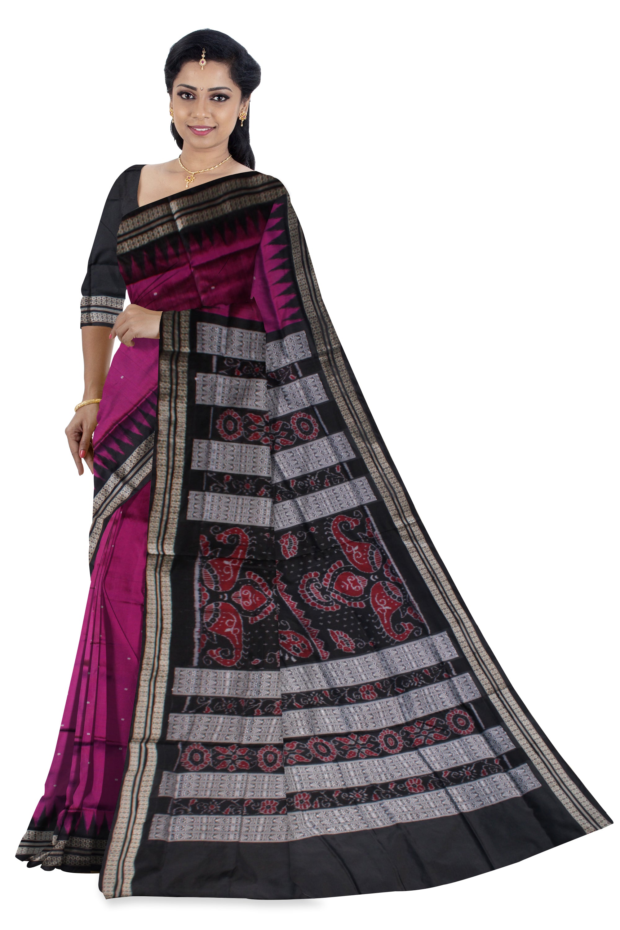 RANI PINK AND BLACK COLOR PLAIN PATA SAREE, WITH MATCHING BLOUSE PIECE. - Koshali Arts & Crafts Enterprise