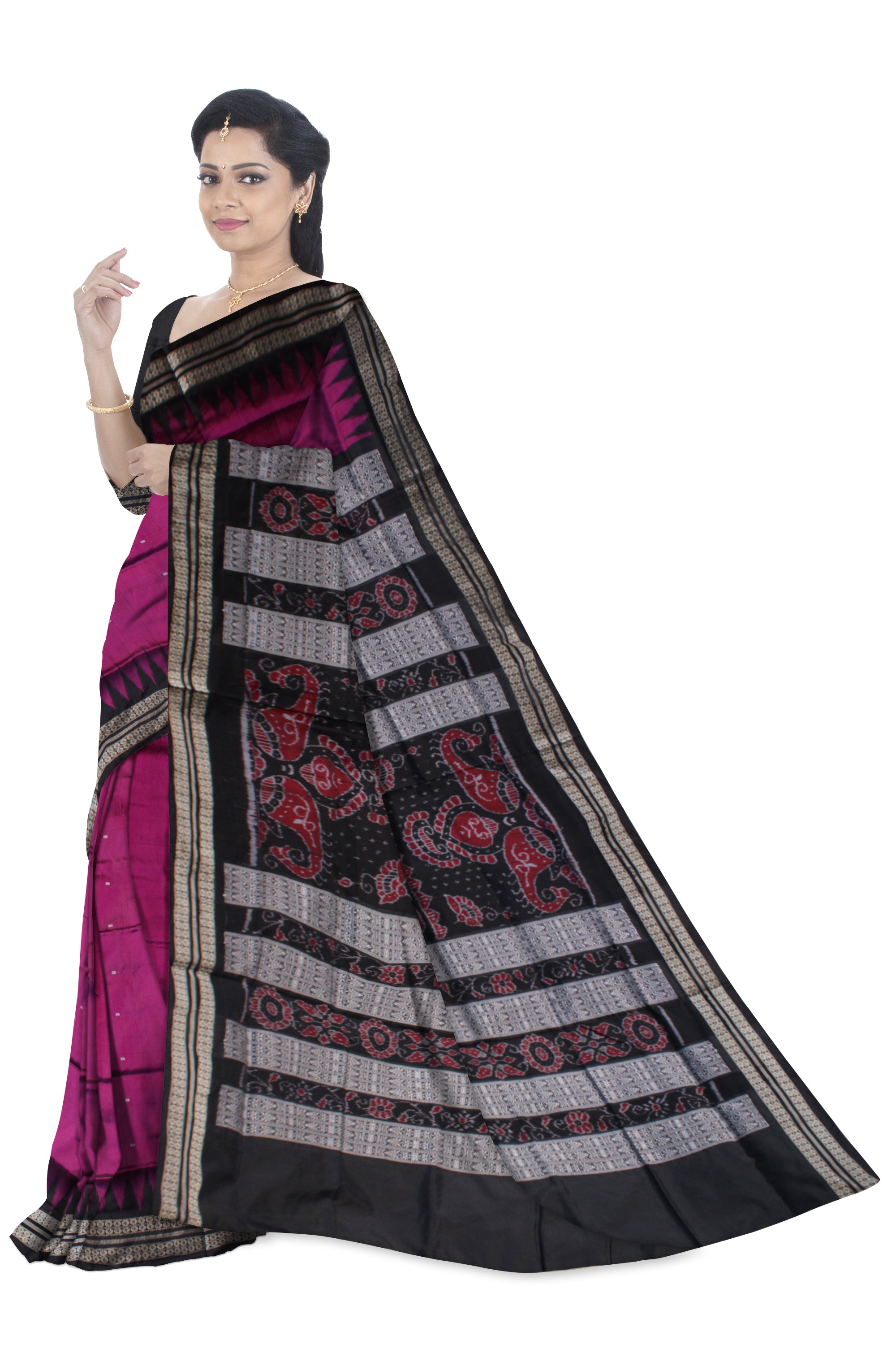 RANI PINK AND BLACK COLOR PLAIN PATA SAREE, WITH MATCHING BLOUSE PIECE. - Koshali Arts & Crafts Enterprise