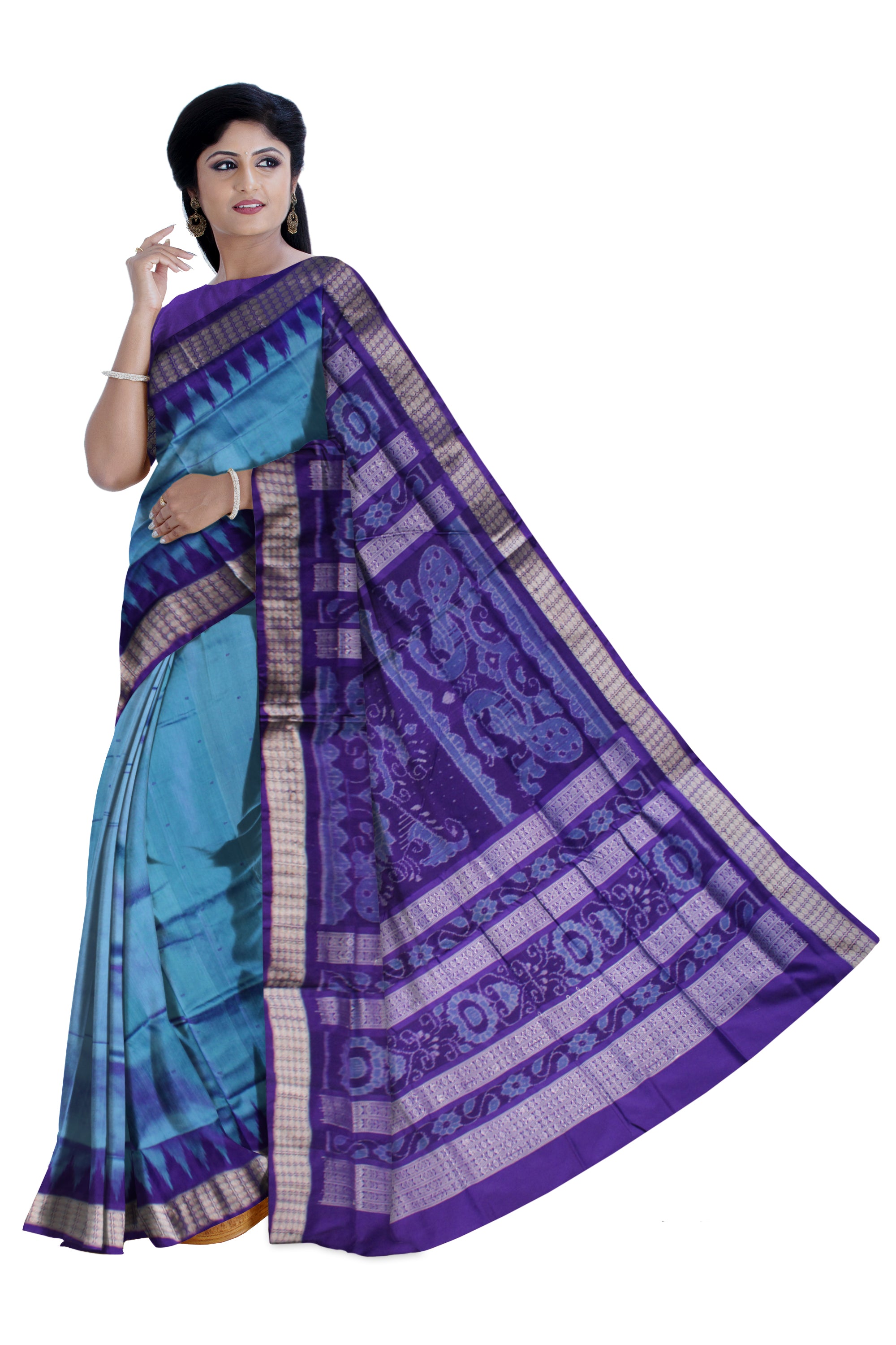 COPPER SULPHATE AND PURPLE COLOR SMALL BOOTY PATTERN PLAIN PATA SAREE,WITH BLOUSE PIECE. - Koshali Arts & Crafts Enterprise