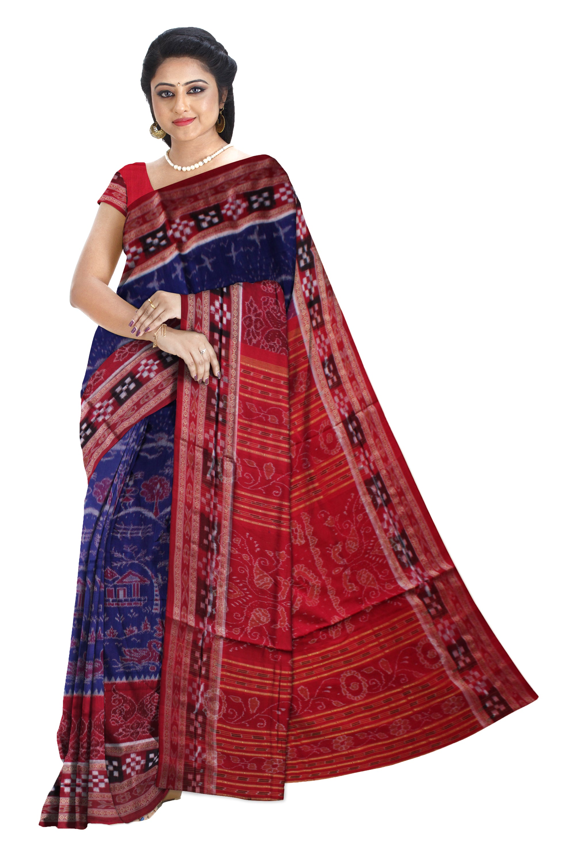 TRADITIONAL VILLAGE WITH SHANKHA PATTERN PURE COTTON SAREE IS BLUE AND RED COLOR BASE,WITH BLOUSE PIECE. - Koshali Arts & Crafts Enterprise