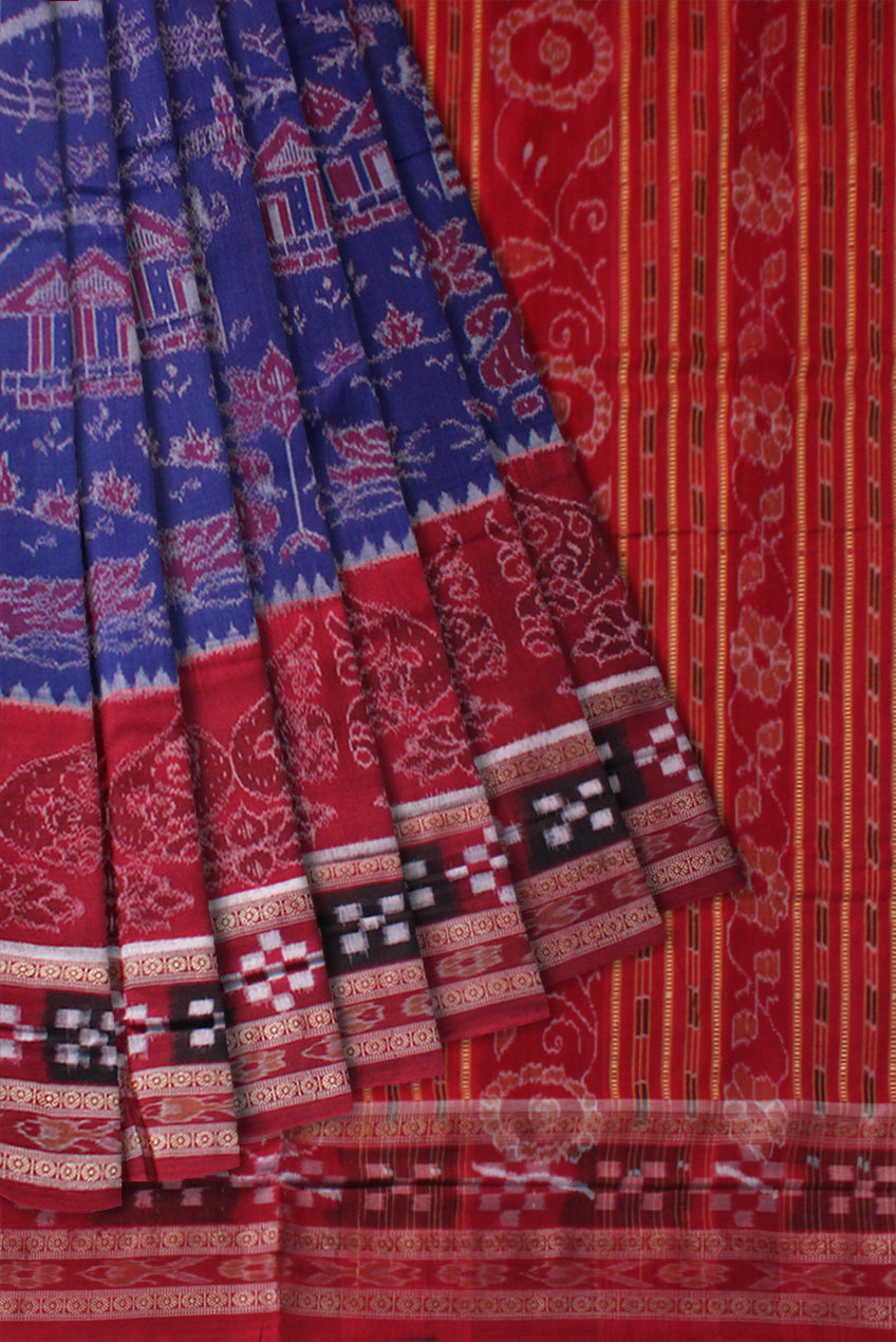 TRADITIONAL VILLAGE WITH SHANKHA PATTERN PURE COTTON SAREE IS BLUE AND RED COLOR BASE,WITH BLOUSE PIECE. - Koshali Arts & Crafts Enterprise