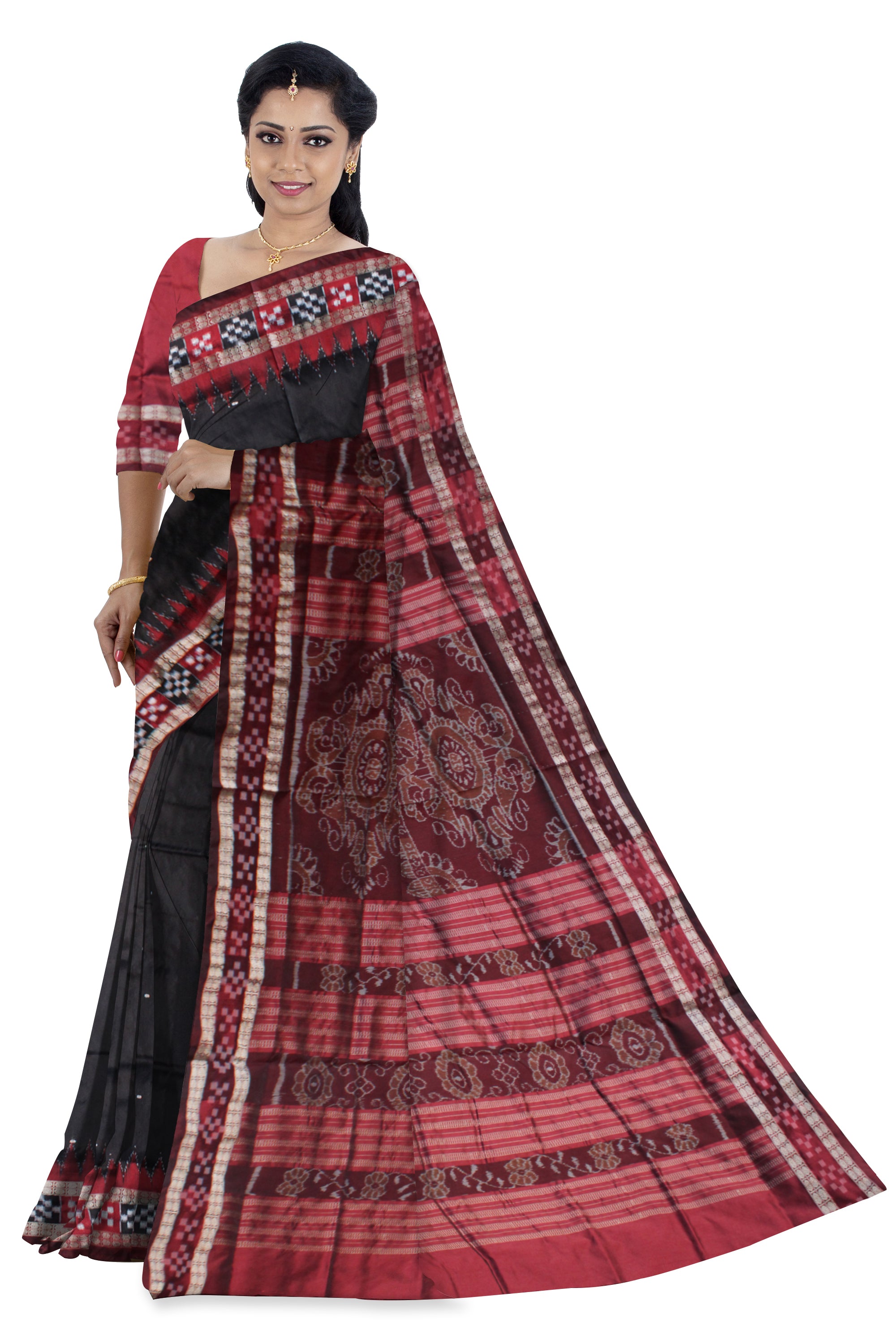 DHADI PASAPALI PATTERN PLAIN PATA  SAREE IS BLACK AND MAROON COLOR BASE,COMES WITH BLOUSE PIECE. - Koshali Arts & Crafts Enterprise