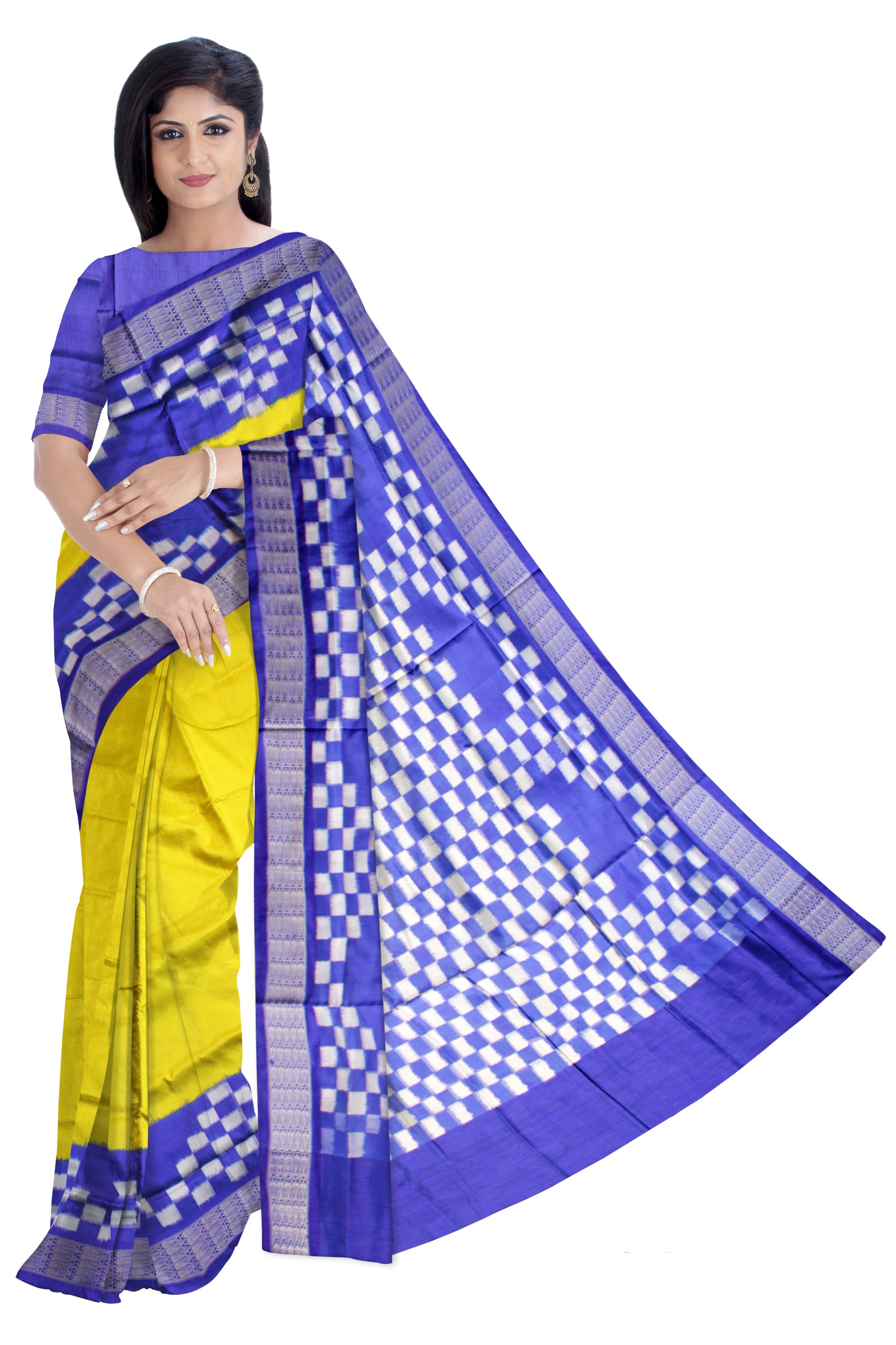 LATEST DHADI SAPTA PATTERN PURE SILK SAREE IS YELLOW AND BLUE COLOR BASE,AVAILABLE WITH MATCHING BLOUSE PIECE. - Koshali Arts & Crafts Enterprise