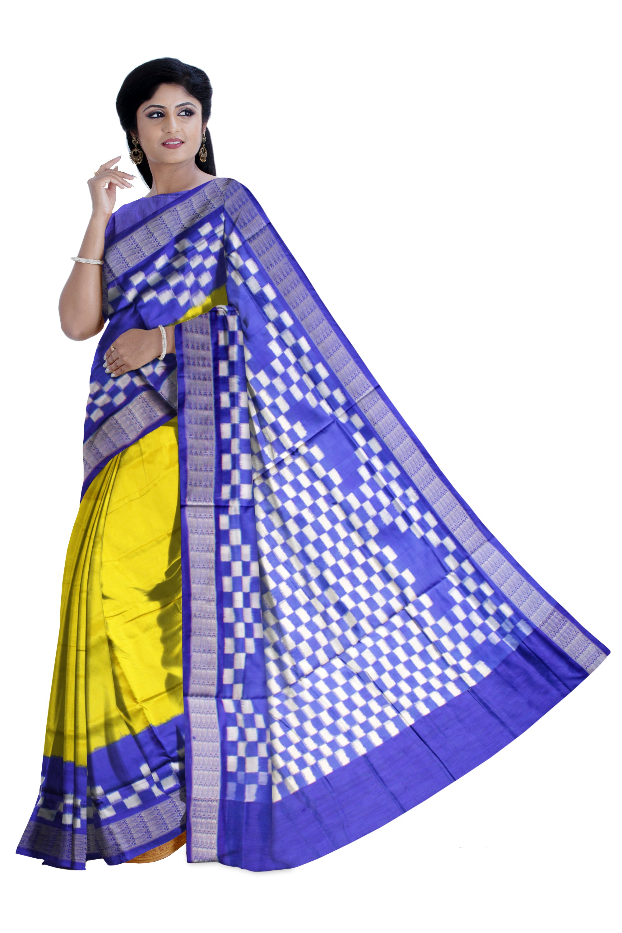 LATEST DHADI SAPTA PATTERN PURE SILK SAREE IS YELLOW AND BLUE COLOR BASE,AVAILABLE WITH MATCHING BLOUSE PIECE. - Koshali Arts & Crafts Enterprise