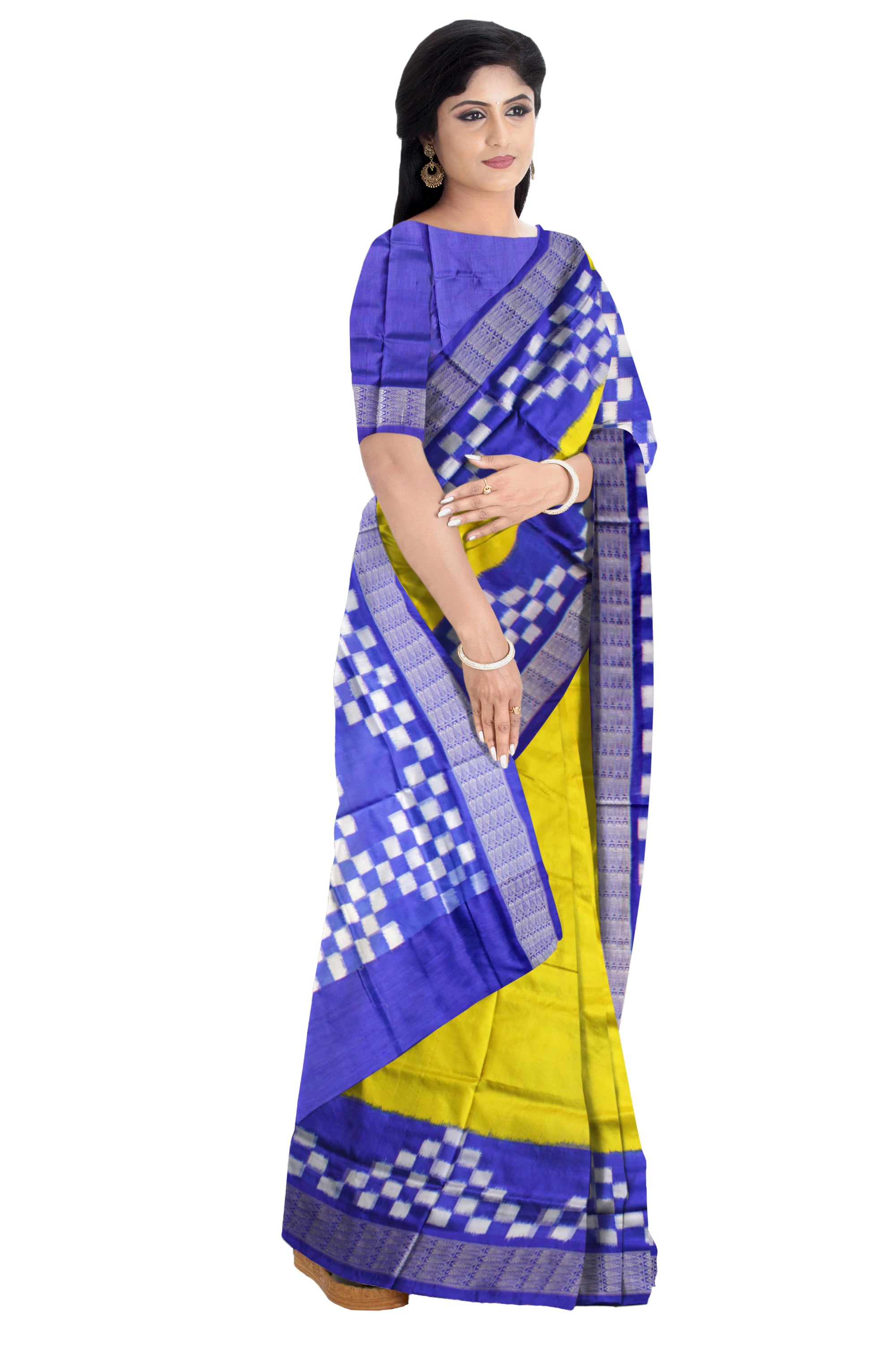 LATEST DHADI SAPTA PATTERN PURE SILK SAREE IS YELLOW AND BLUE COLOR BASE,AVAILABLE WITH MATCHING BLOUSE PIECE. - Koshali Arts & Crafts Enterprise