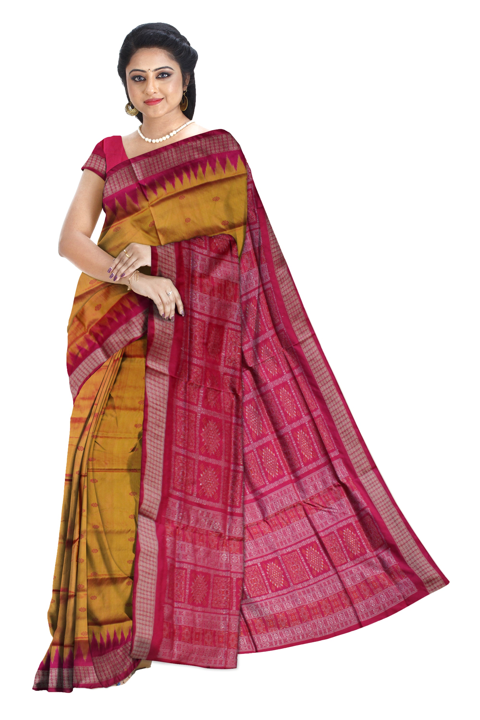 YELLOW AND MAGENTA COLOR PLAIN PATA SAREE,WITH BLOUSE PIECE. - Koshali Arts & Crafts Enterprise