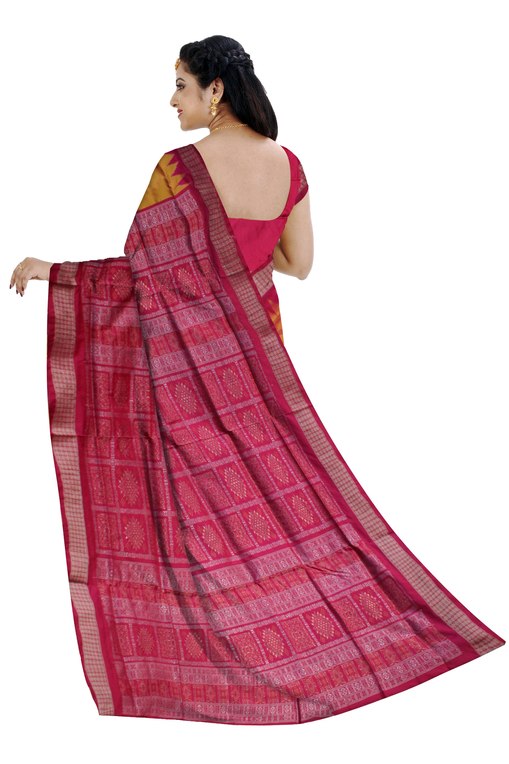 YELLOW AND MAGENTA COLOR PLAIN PATA SAREE,WITH BLOUSE PIECE. - Koshali Arts & Crafts Enterprise