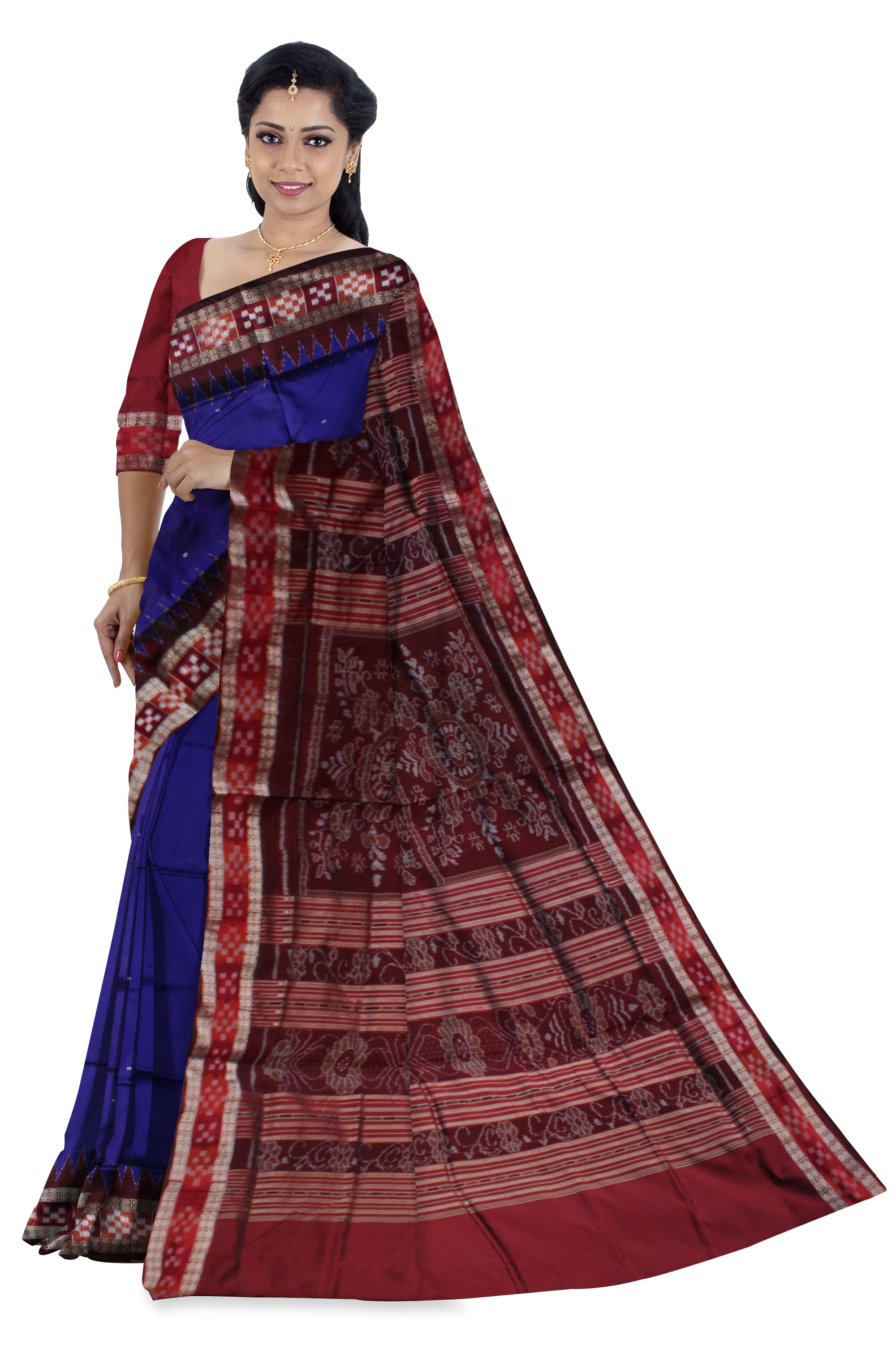 BLUE AND MAROON COLOR DHADI PASAPALI PATA SAREE,WITH MATCHING BLOUSE PIECE. - Koshali Arts & Crafts Enterprise