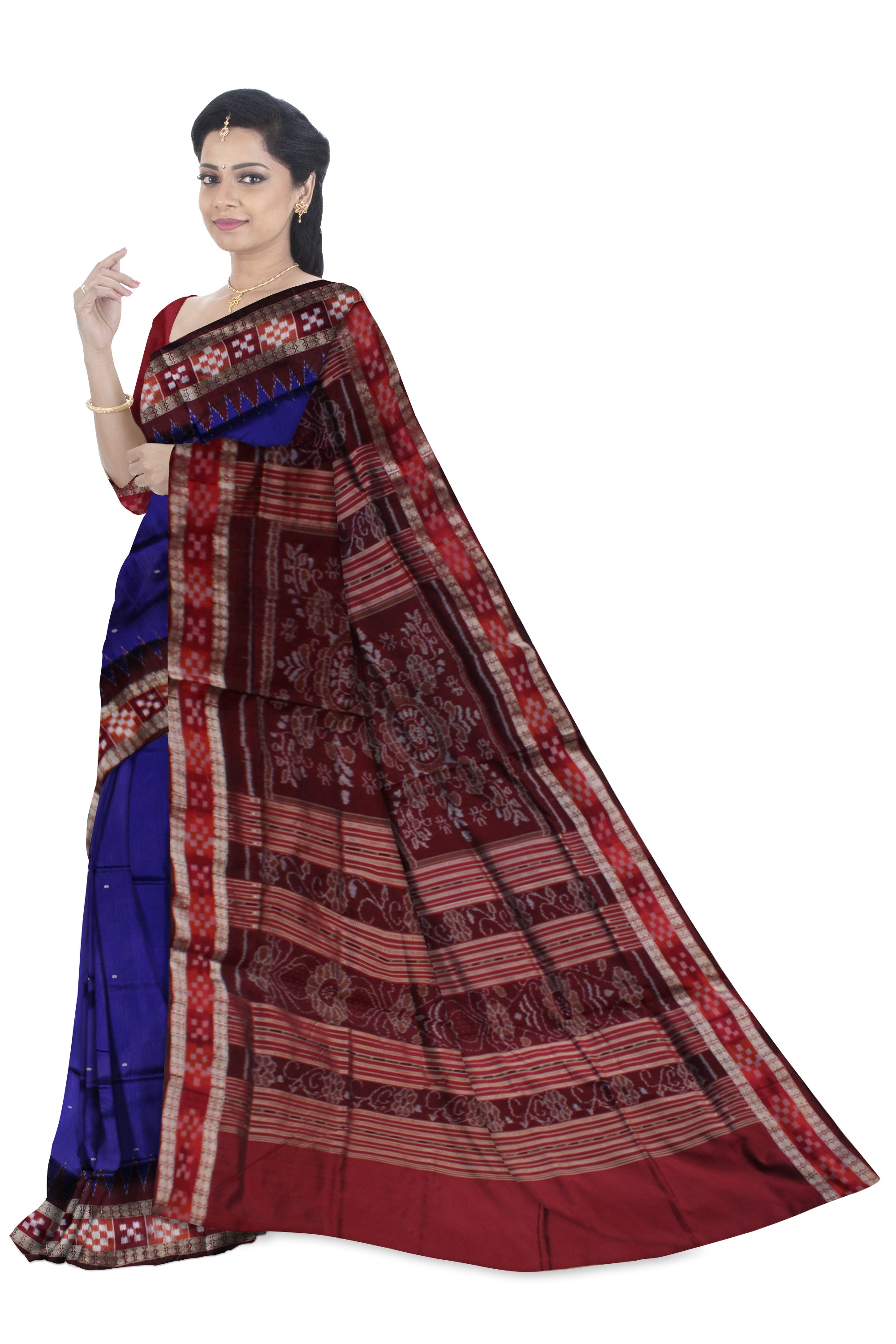 BLUE AND MAROON COLOR DHADI PASAPALI PATA SAREE,WITH MATCHING BLOUSE PIECE. - Koshali Arts & Crafts Enterprise