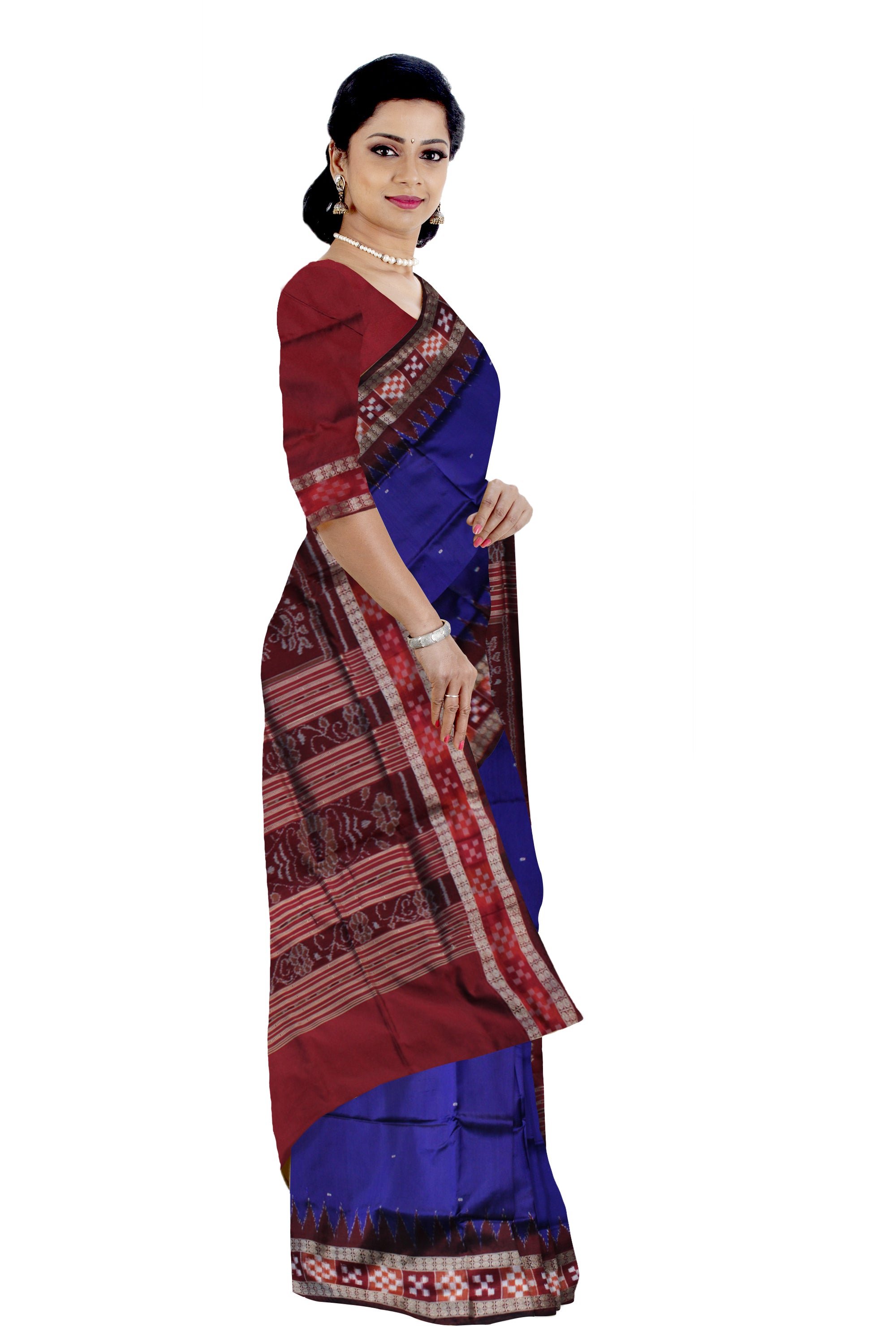 BLUE AND MAROON COLOR DHADI PASAPALI PATA SAREE,WITH MATCHING BLOUSE PIECE. - Koshali Arts & Crafts Enterprise