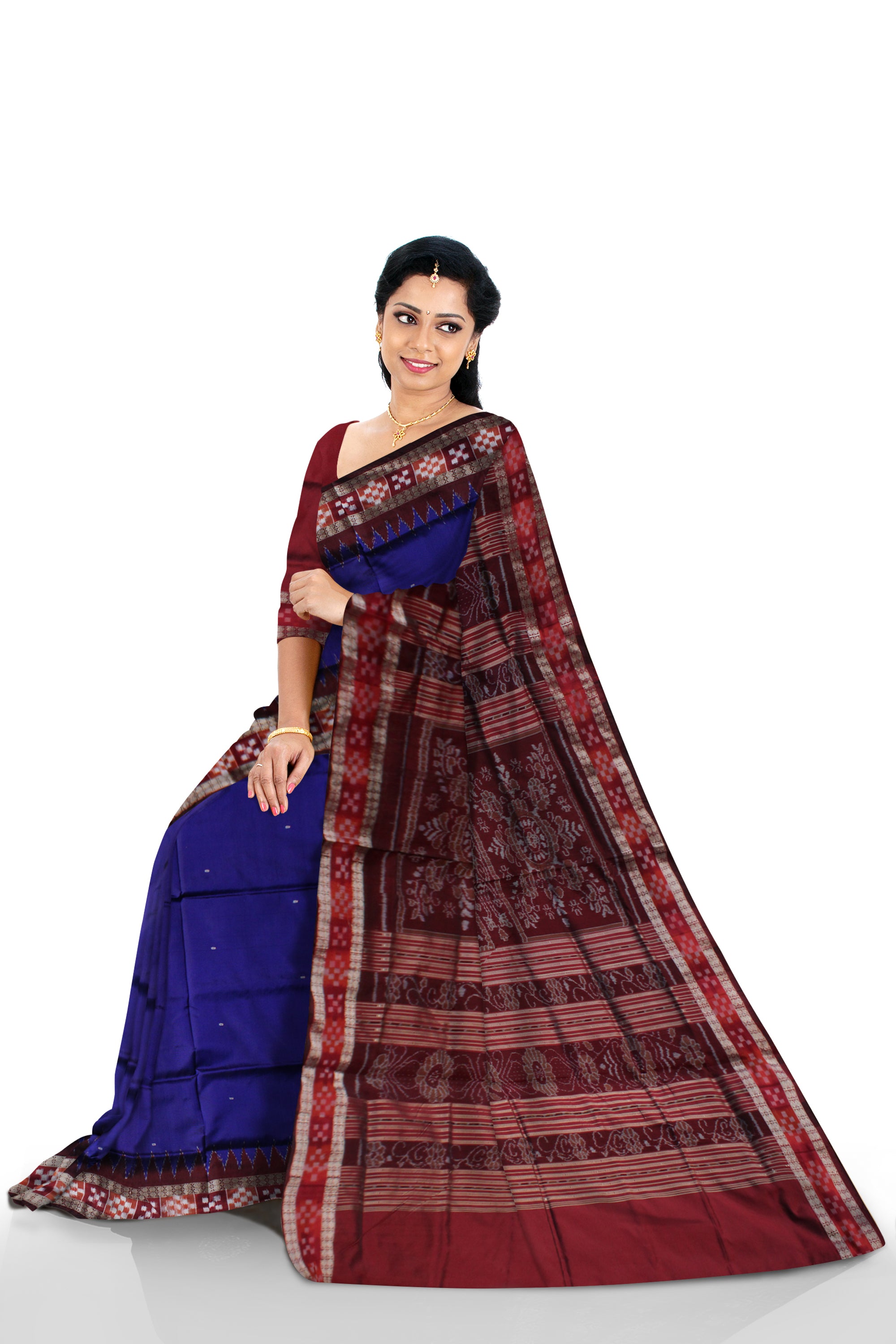 BLUE AND MAROON COLOR DHADI PASAPALI PATA SAREE,WITH MATCHING BLOUSE PIECE. - Koshali Arts & Crafts Enterprise