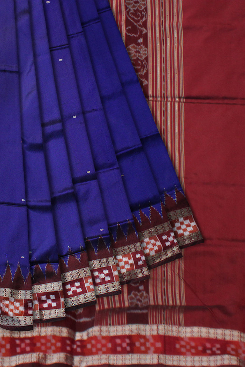 BLUE AND MAROON COLOR DHADI PASAPALI PATA SAREE,WITH MATCHING BLOUSE PIECE. - Koshali Arts & Crafts Enterprise