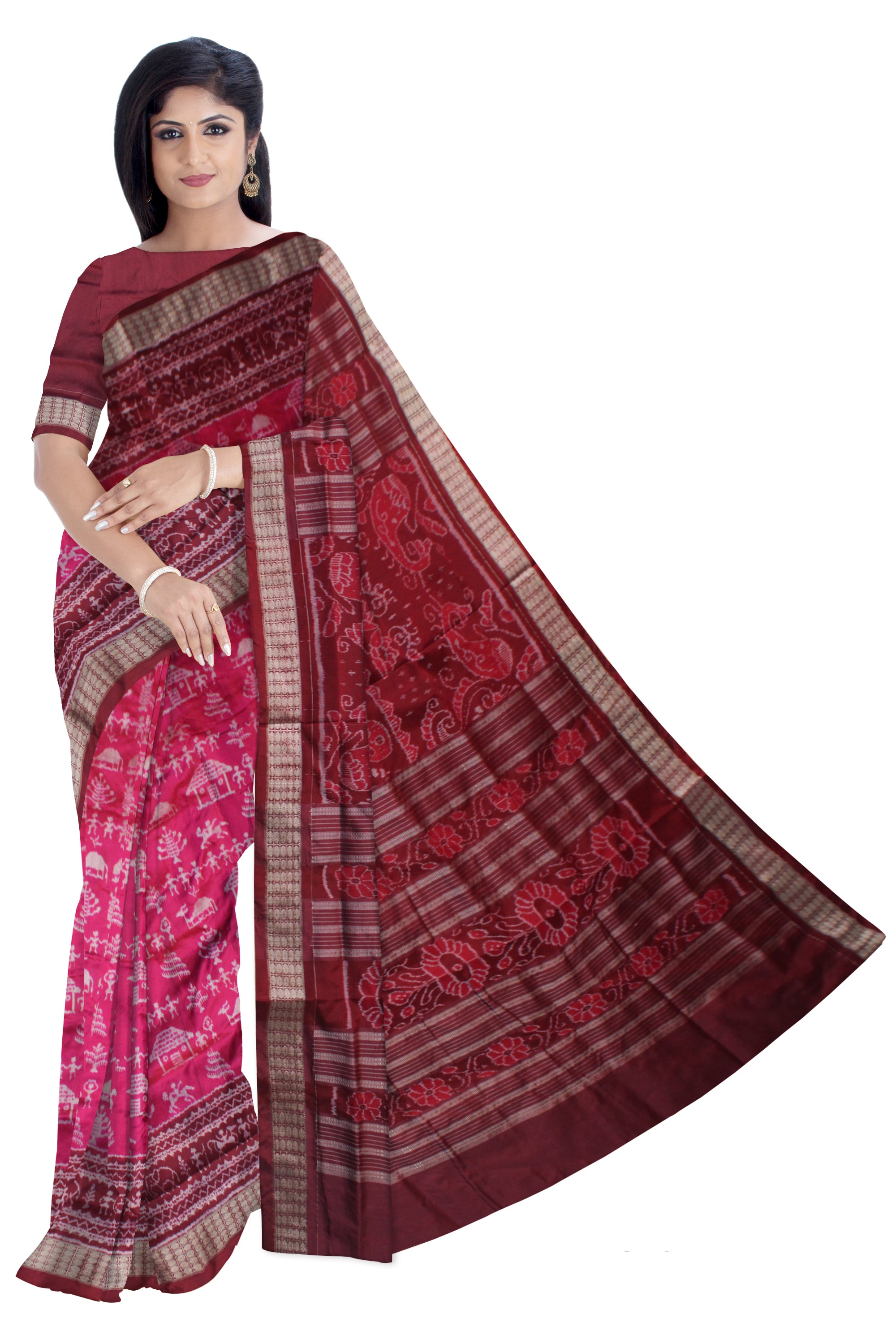 LATEST TERRACOTTA PATTERN PATA SAREE IS RANI PINK AND MAROON COLOR BASE,ATTACHED WITH MATCHING BLOUSE PIECE. - Koshali Arts & Crafts Enterprise
