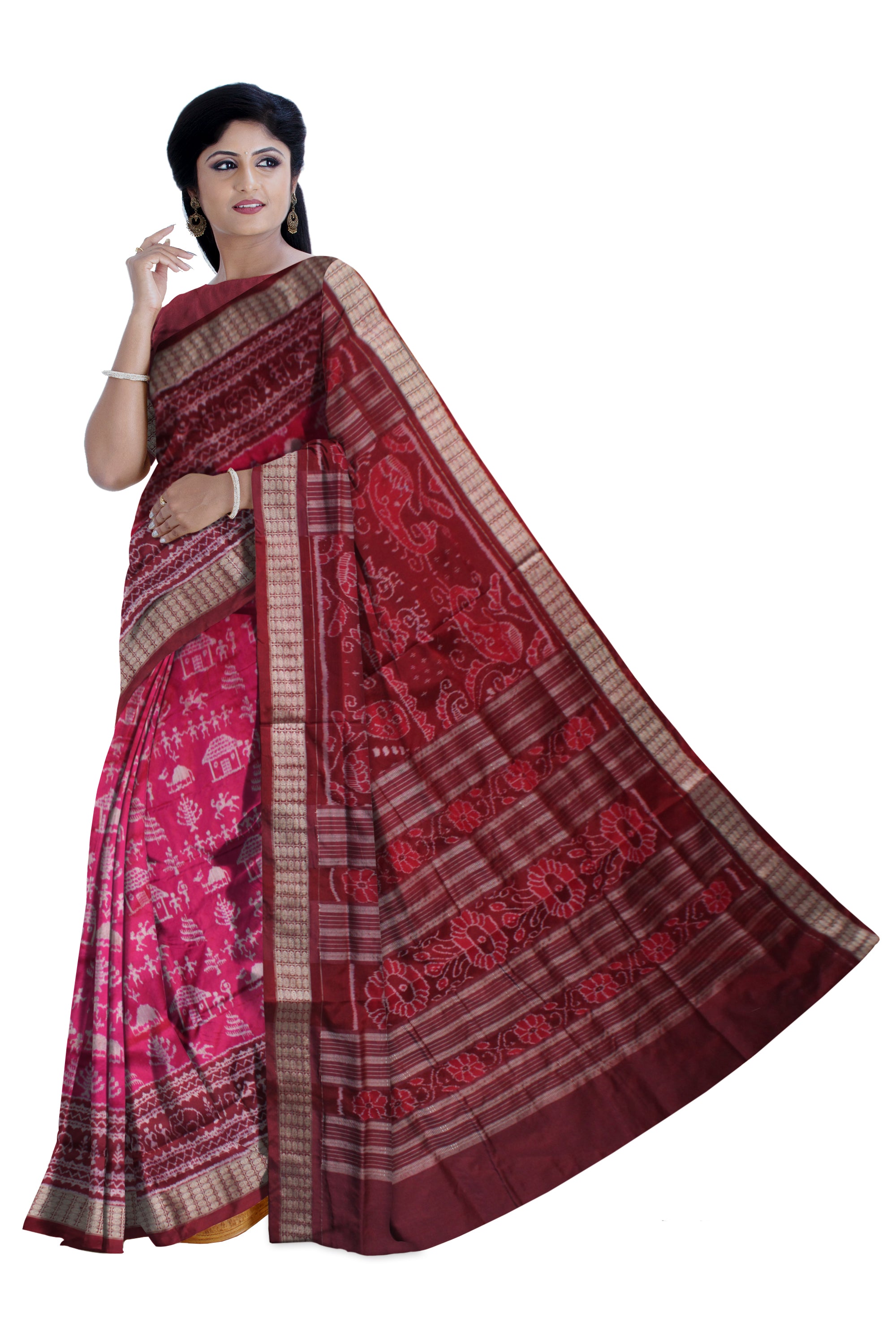 LATEST TERRACOTTA PATTERN PATA SAREE IS RANI PINK AND MAROON COLOR BASE,ATTACHED WITH MATCHING BLOUSE PIECE. - Koshali Arts & Crafts Enterprise