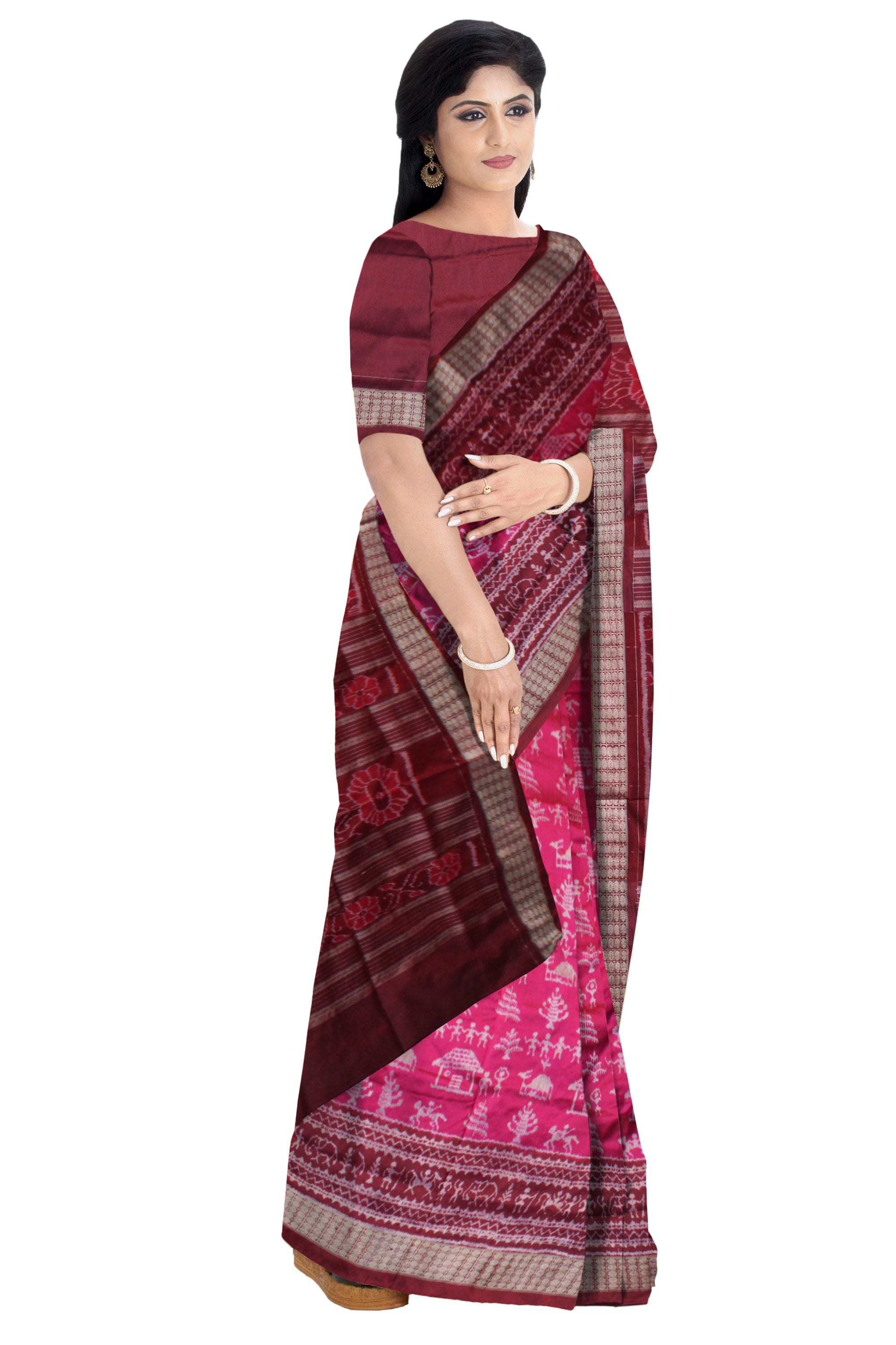 LATEST TERRACOTTA PATTERN PATA SAREE IS RANI PINK AND MAROON COLOR BASE,ATTACHED WITH MATCHING BLOUSE PIECE. - Koshali Arts & Crafts Enterprise