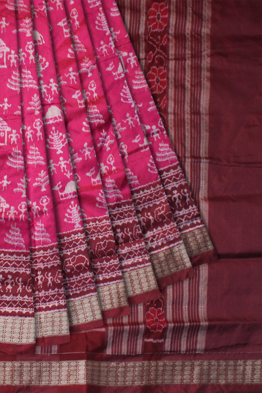 LATEST TERRACOTTA PATTERN PATA SAREE IS RANI PINK AND MAROON COLOR BASE,ATTACHED WITH MATCHING BLOUSE PIECE. - Koshali Arts & Crafts Enterprise