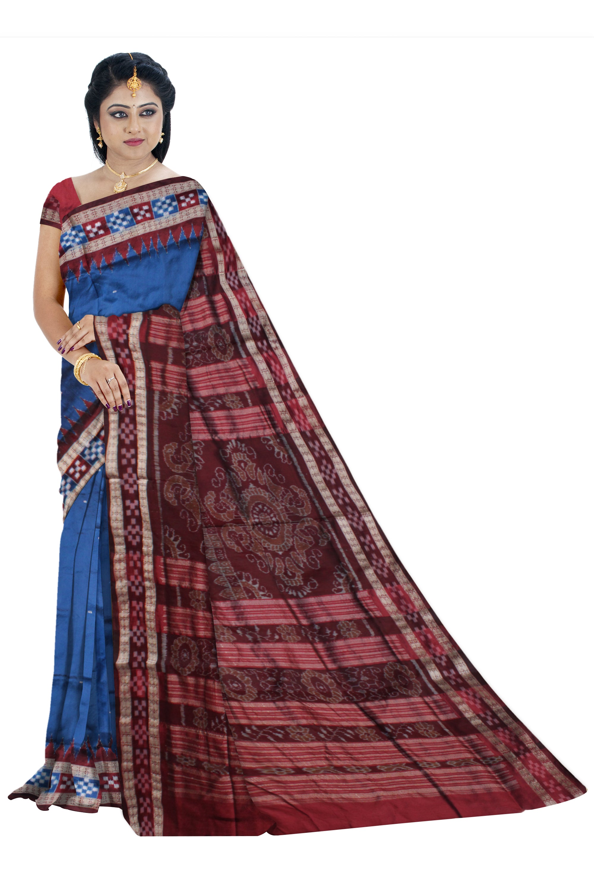 ROYAL BLUE AND MAROON COLOR BORDER PASAPALI PATTERN PATA SAREE,COMES WITH MATCHING BLOUSE PIECE. - Koshali Arts & Crafts Enterprise