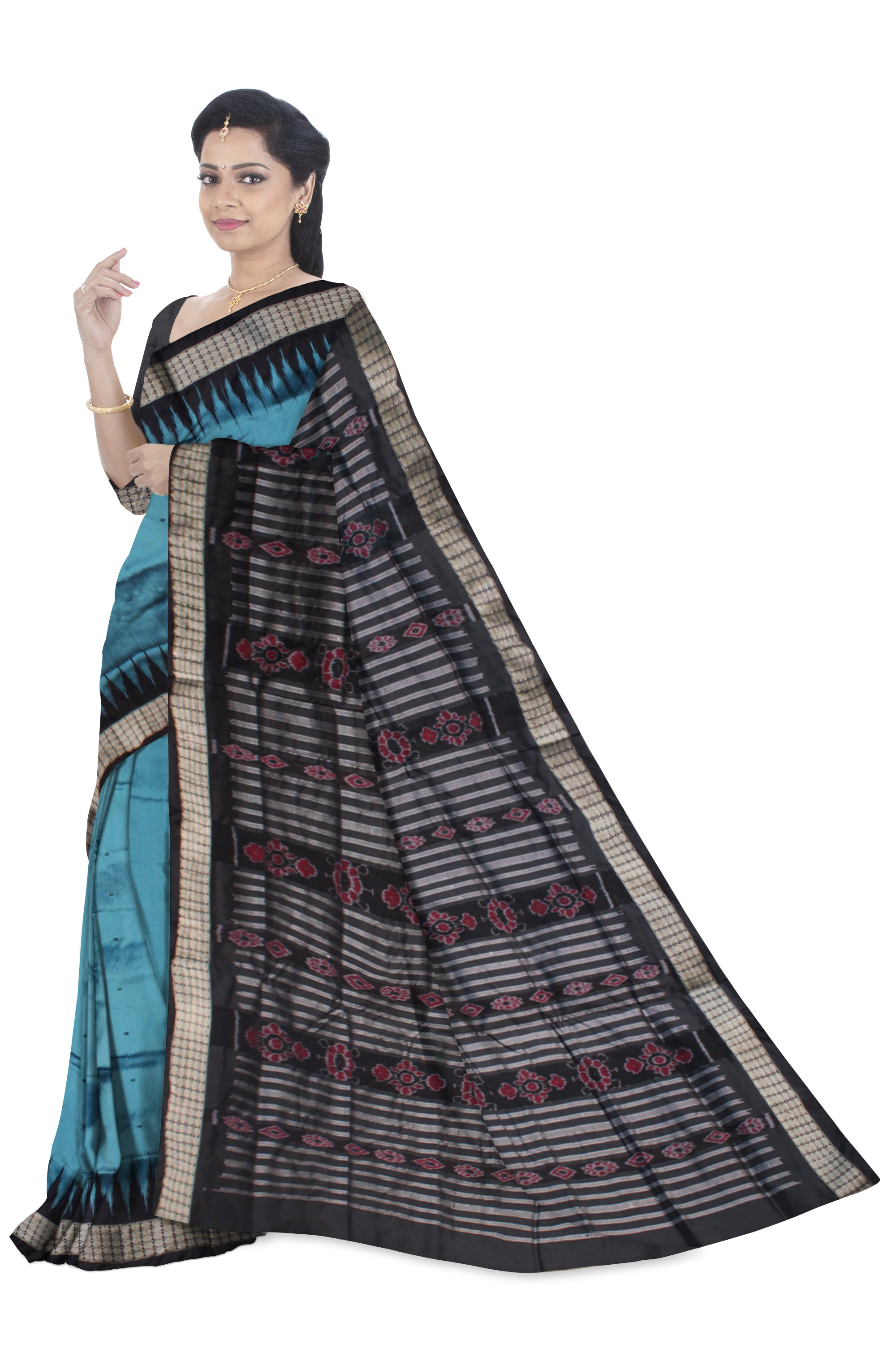 AQUA  AND BLACK COLOR BOOTY PATTERN PLAIN PATA SAREE,WITH MATCHING BLOUSE PIECE. - Koshali Arts & Crafts Enterprise