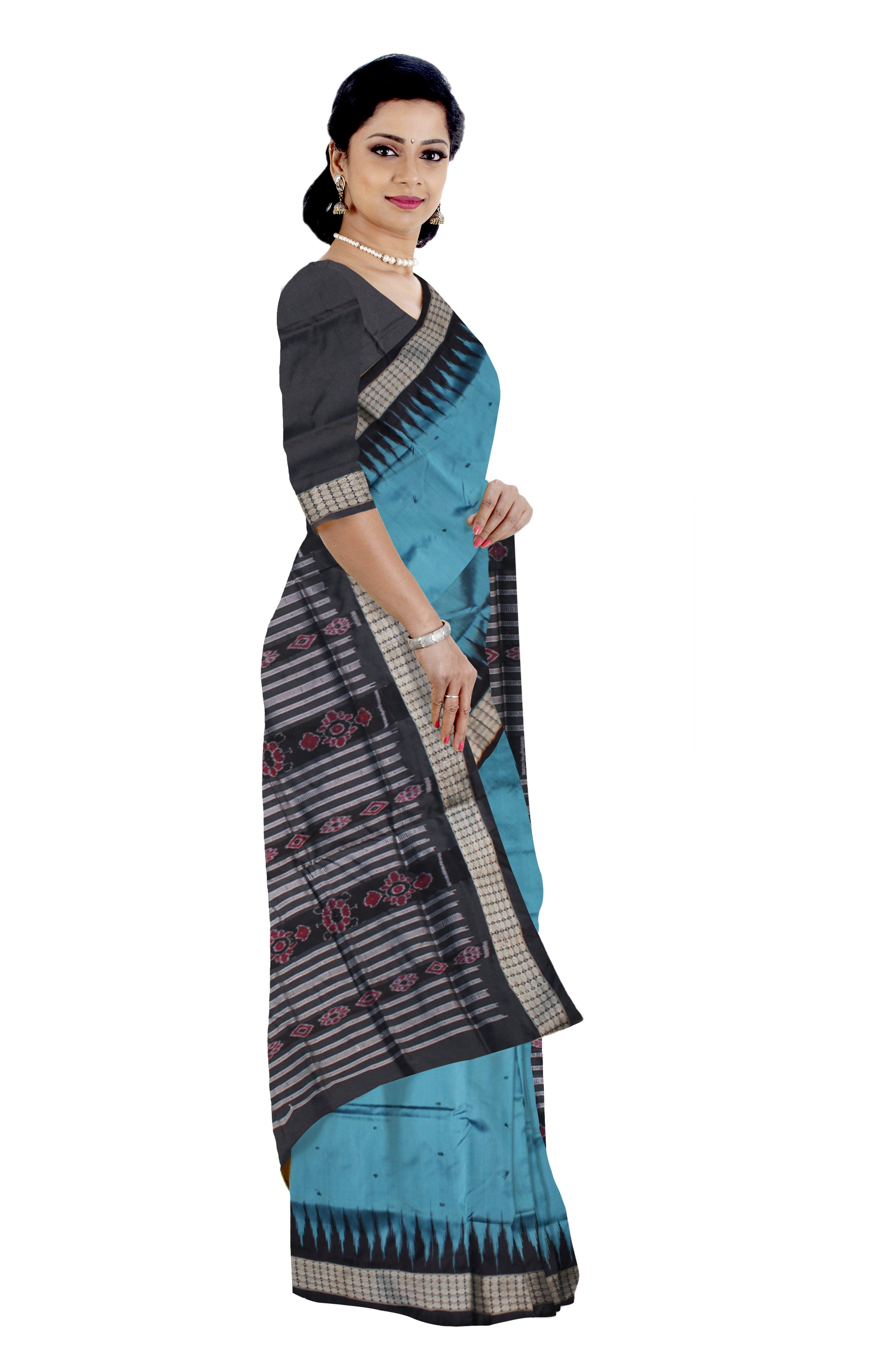 AQUA  AND BLACK COLOR BOOTY PATTERN PLAIN PATA SAREE,WITH MATCHING BLOUSE PIECE. - Koshali Arts & Crafts Enterprise