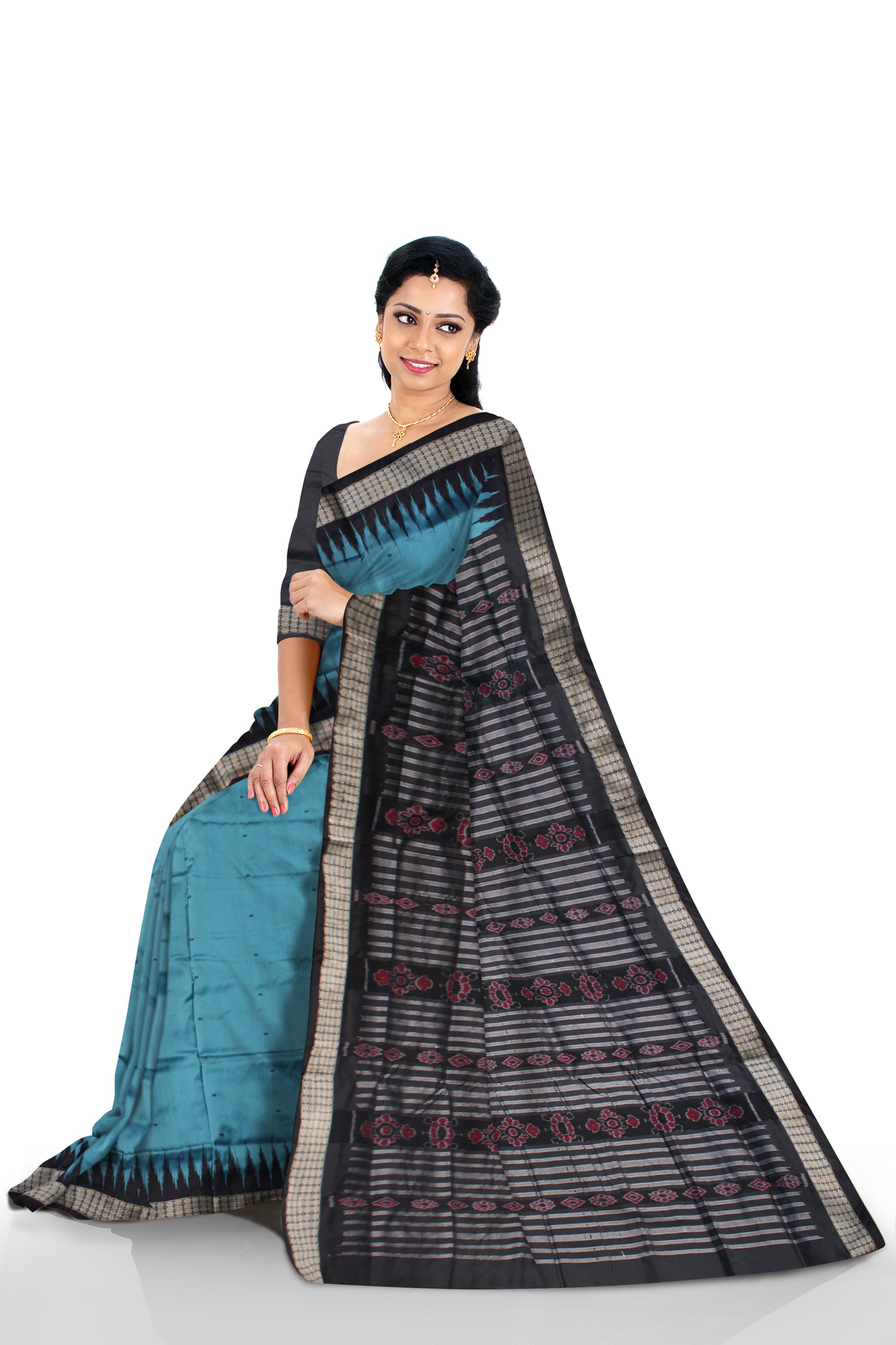 AQUA  AND BLACK COLOR BOOTY PATTERN PLAIN PATA SAREE,WITH MATCHING BLOUSE PIECE. - Koshali Arts & Crafts Enterprise