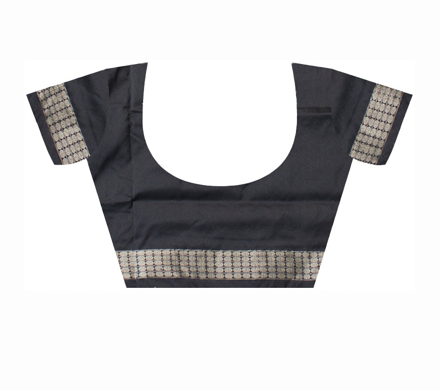 AQUA  AND BLACK COLOR BOOTY PATTERN PLAIN PATA SAREE,WITH MATCHING BLOUSE PIECE. - Koshali Arts & Crafts Enterprise