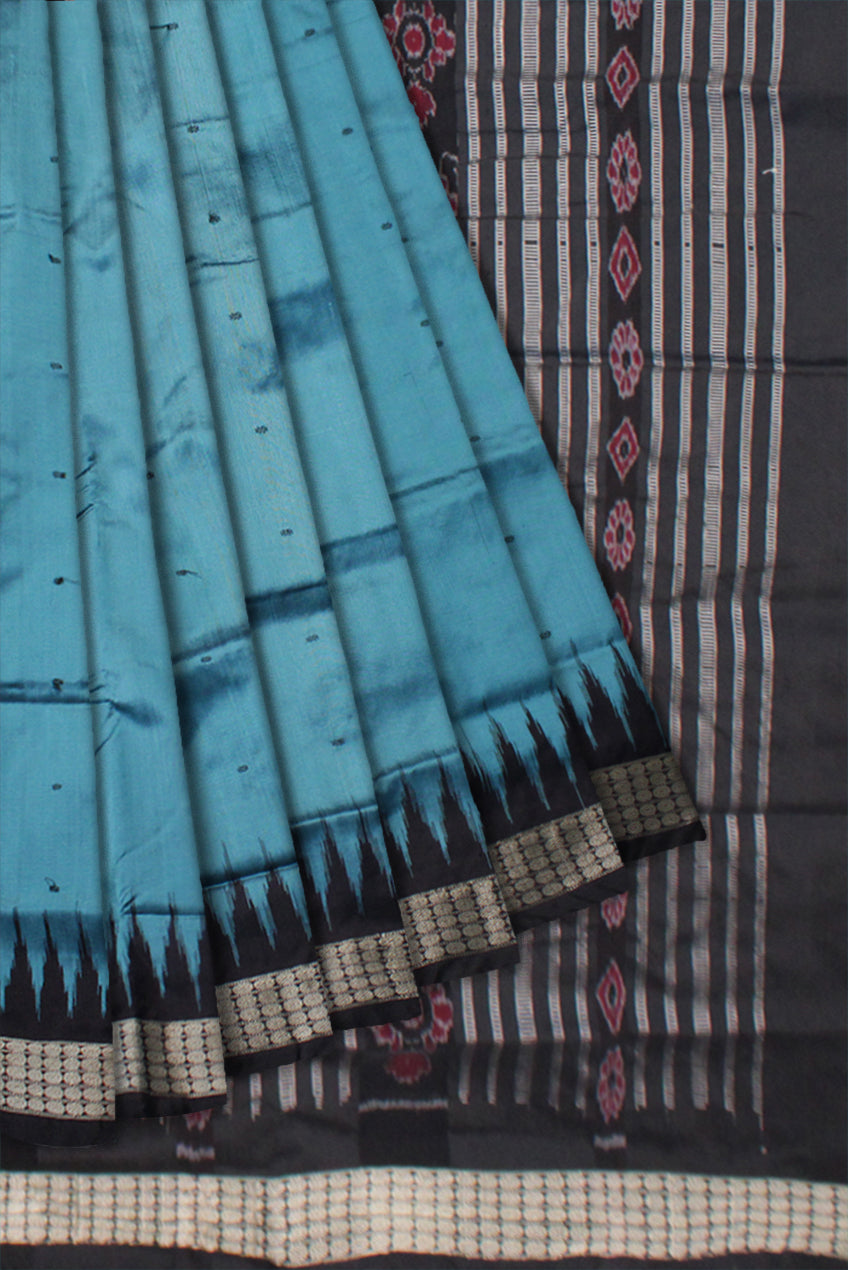 AQUA  AND BLACK COLOR BOOTY PATTERN PLAIN PATA SAREE,WITH MATCHING BLOUSE PIECE. - Koshali Arts & Crafts Enterprise