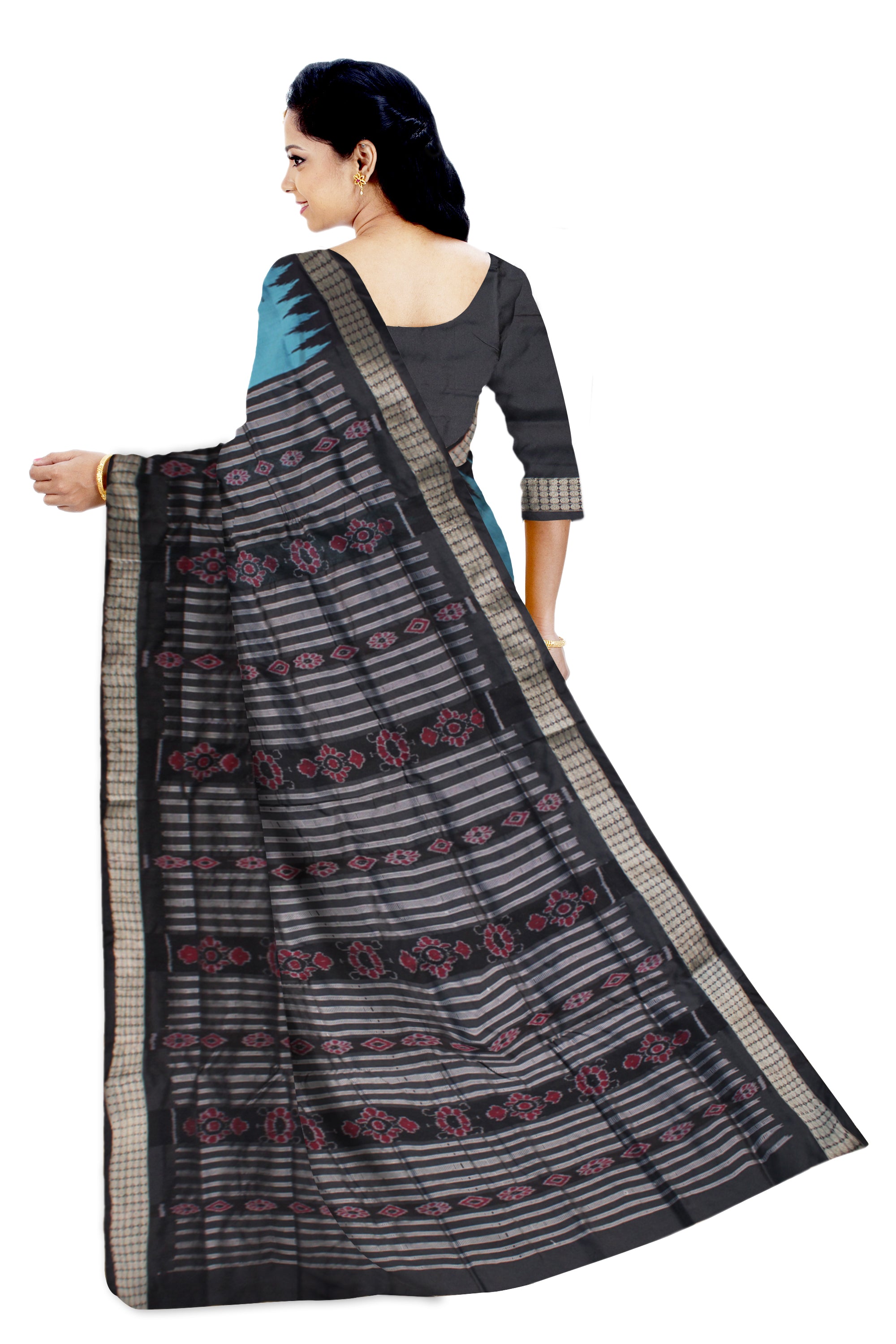 AQUA  AND BLACK COLOR BOOTY PATTERN PLAIN PATA SAREE,WITH MATCHING BLOUSE PIECE. - Koshali Arts & Crafts Enterprise