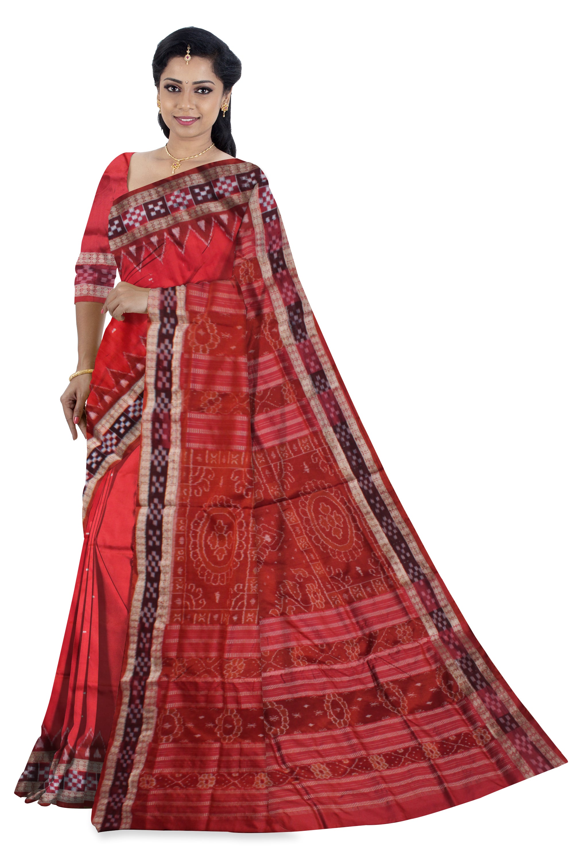 LIGHT RED AND MAROON COLOR DHADI PASAPALI PATA SAREE ,WITH MATCHING BLOUSE PIECE. - Koshali Arts & Crafts Enterprise