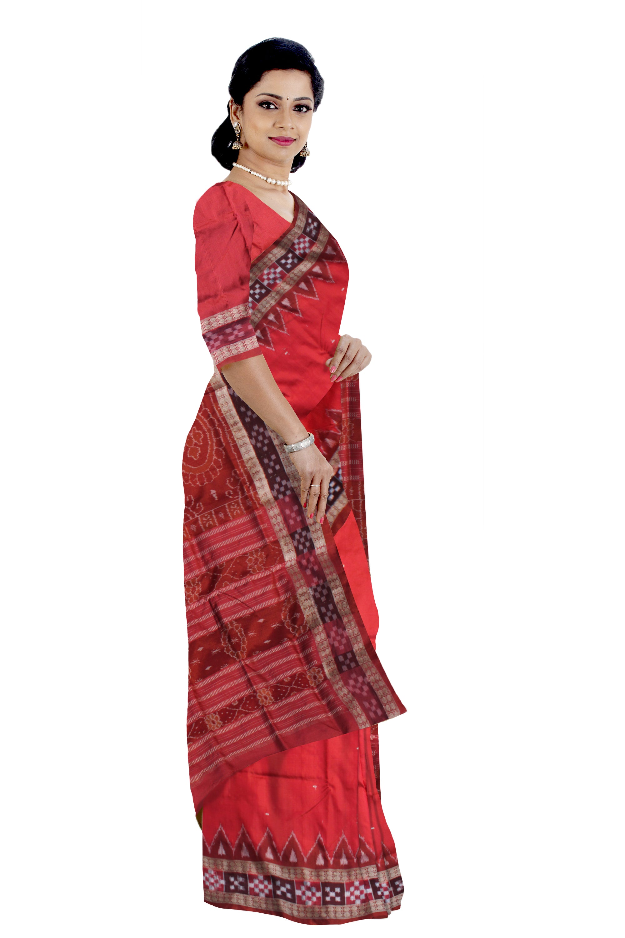 LIGHT RED AND MAROON COLOR DHADI PASAPALI PATA SAREE ,WITH MATCHING BLOUSE PIECE. - Koshali Arts & Crafts Enterprise