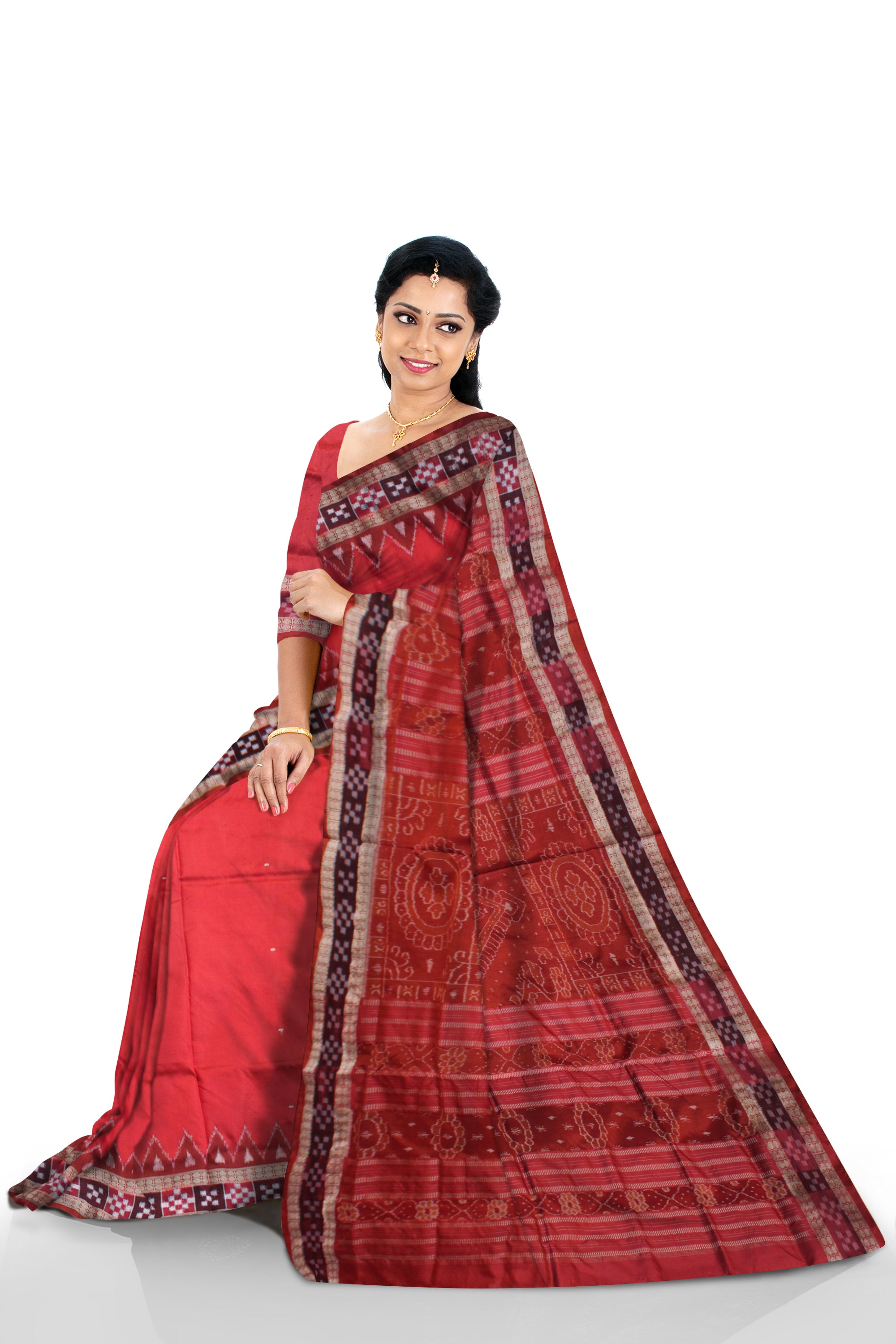 LIGHT RED AND MAROON COLOR DHADI PASAPALI PATA SAREE ,WITH MATCHING BLOUSE PIECE. - Koshali Arts & Crafts Enterprise