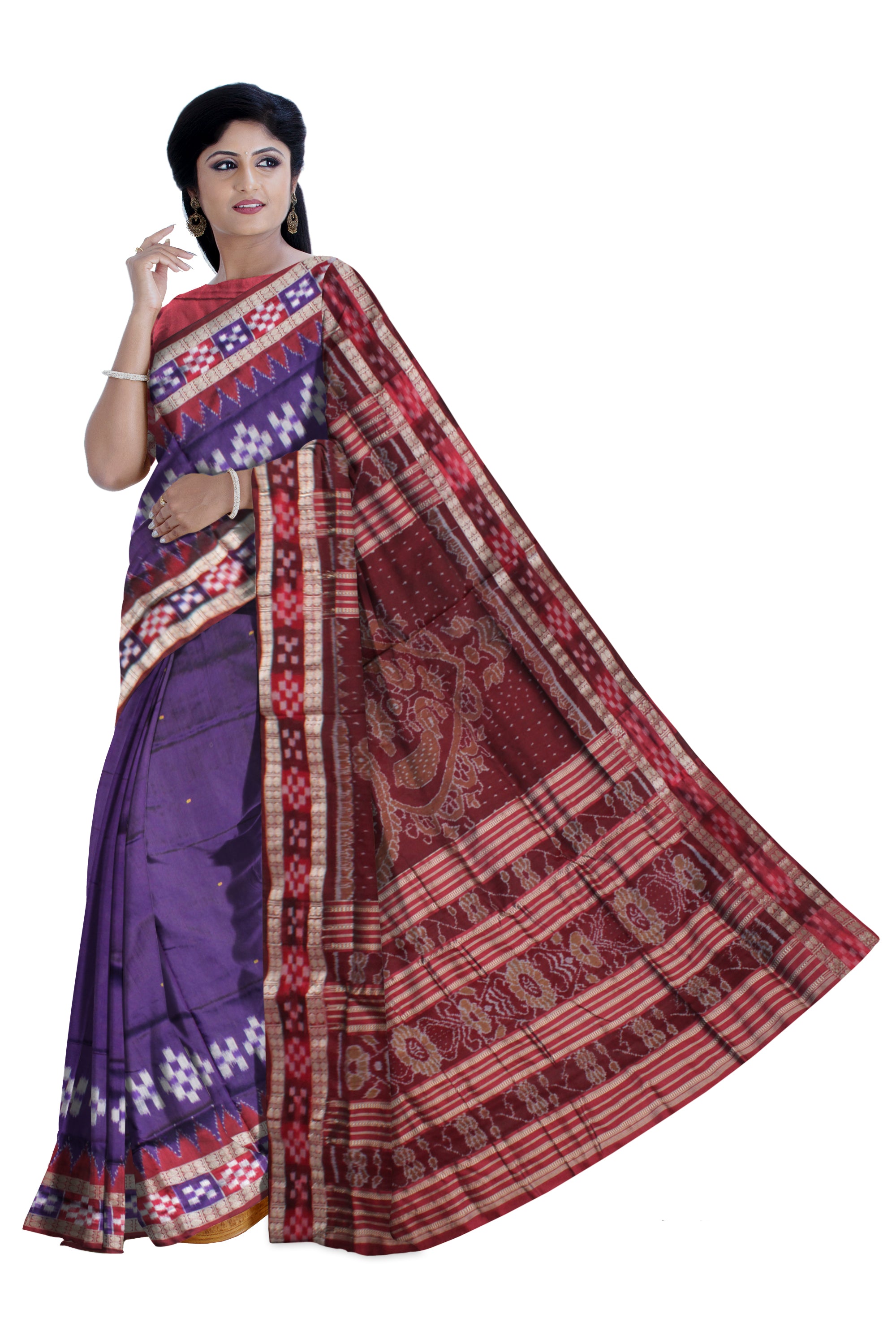 PURPLE AND MAROON COLOR DHADI SAPTA DESIGN PATA SAREE,WITH BLOUSE PIECE. - Koshali Arts & Crafts Enterprise