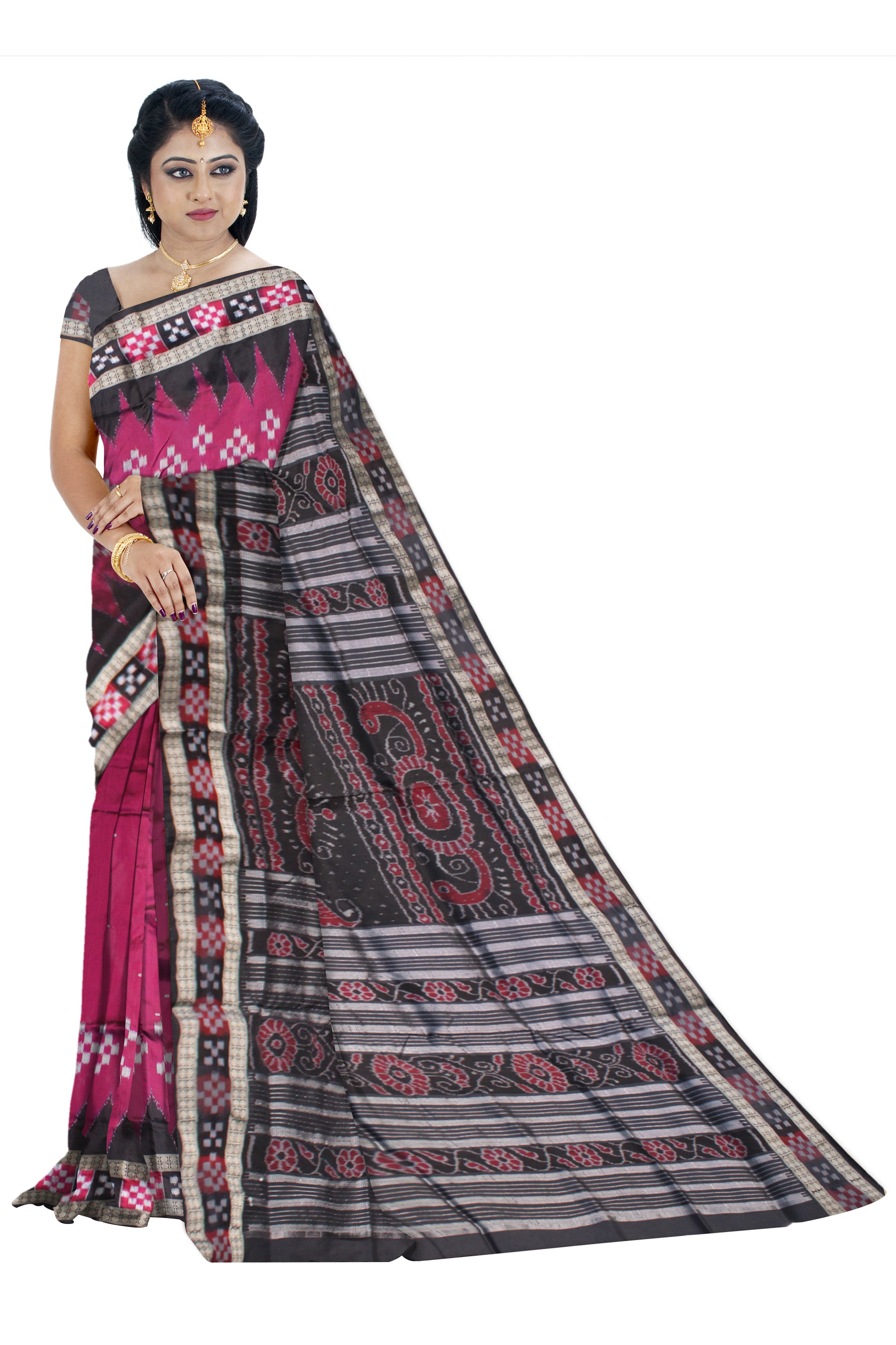 TRADITIONAL LOOK RANI PINK AND BLACK COLOR DESIGN DHADI SAPTA , COMES WITH MATCHING BLOUSE PIECE. - Koshali Arts & Crafts Enterprise