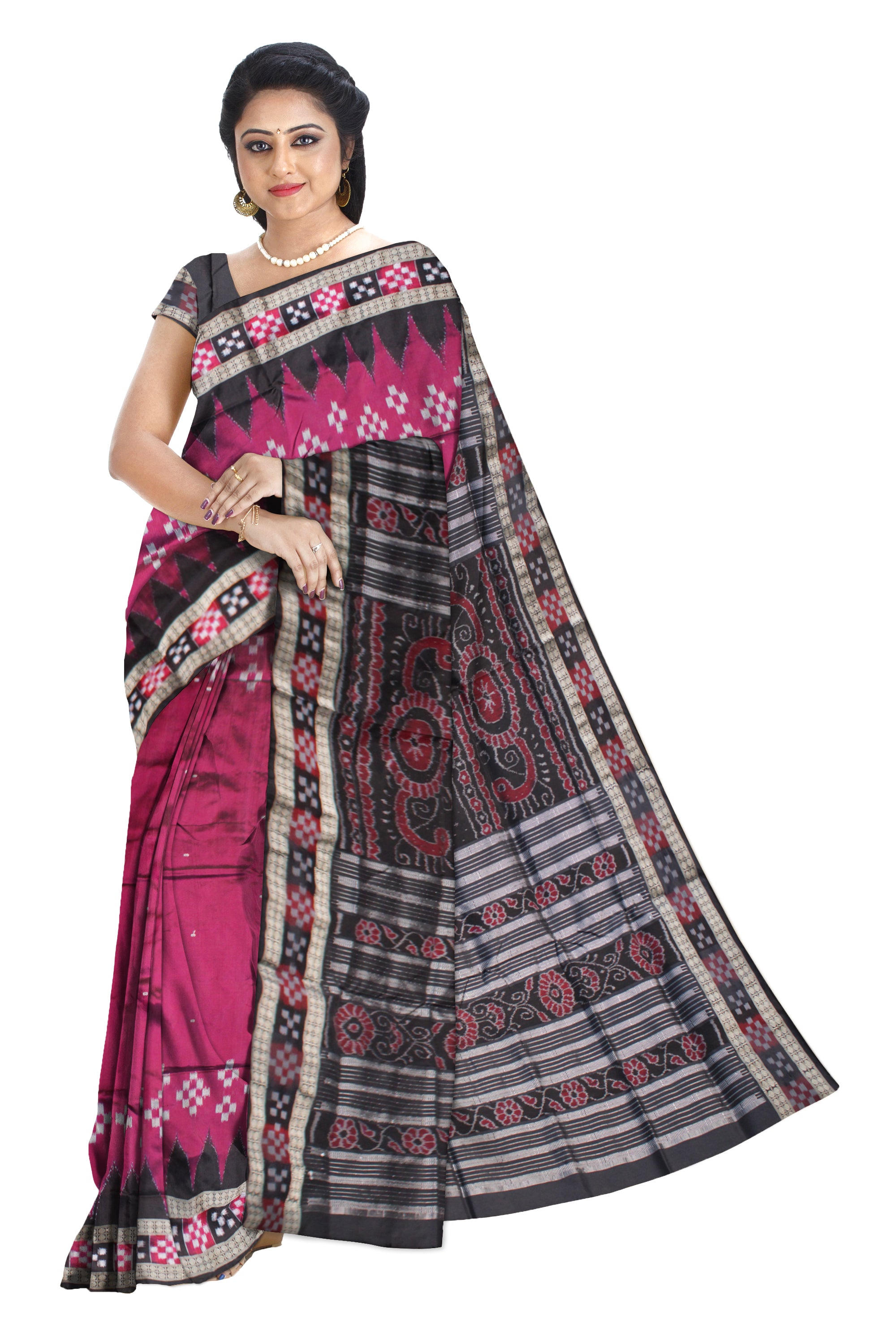 TRADITIONAL LOOK RANI PINK AND BLACK COLOR DESIGN DHADI SAPTA , COMES WITH MATCHING BLOUSE PIECE. - Koshali Arts & Crafts Enterprise