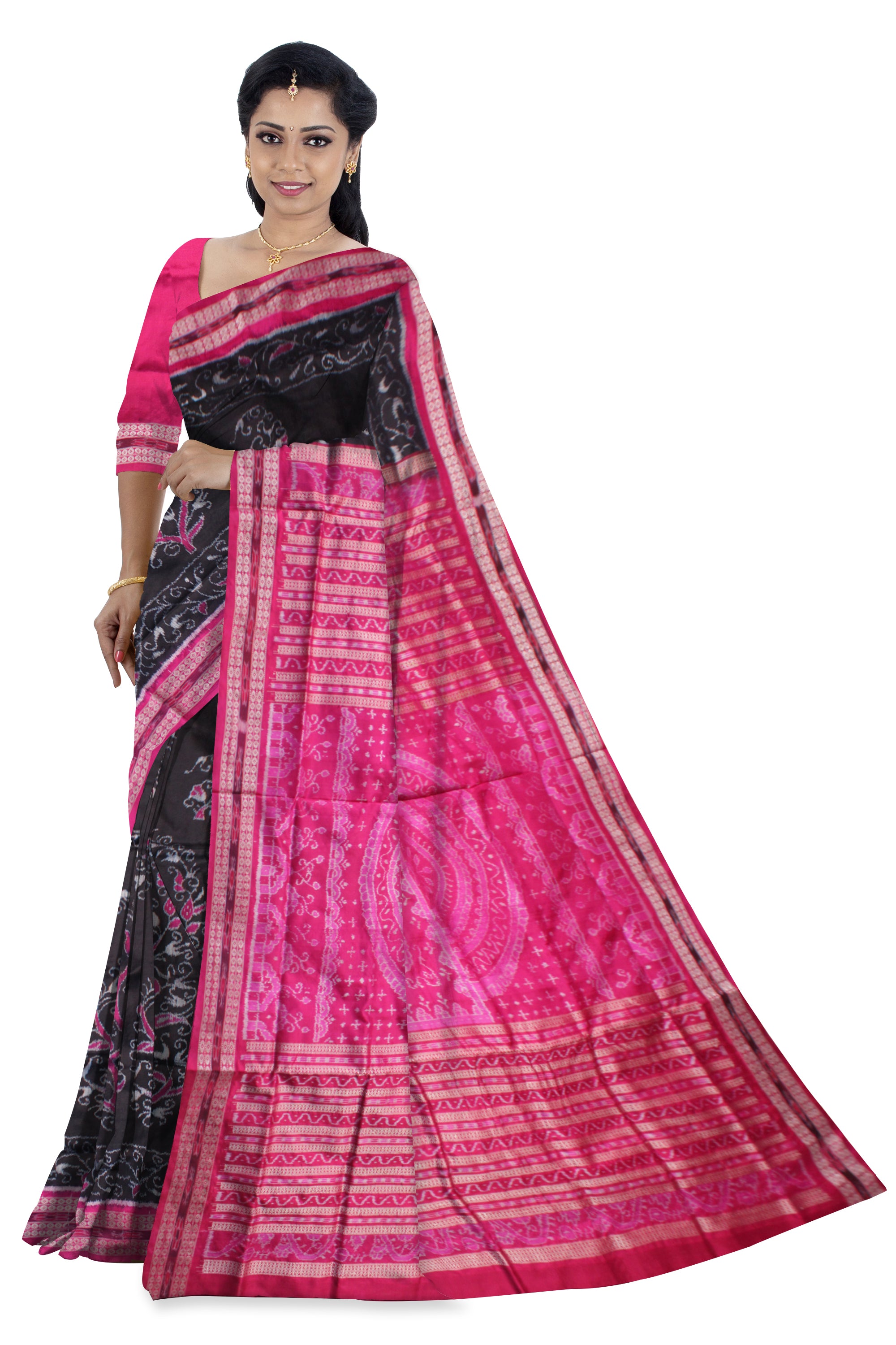 LATEST TREE PATTERN PURE SILK SAREE IS BLACK AND PINK COLOR BASE, ATTACHED WITH MATCHING BLOUSE PIECE. - Koshali Arts & Crafts Enterprise