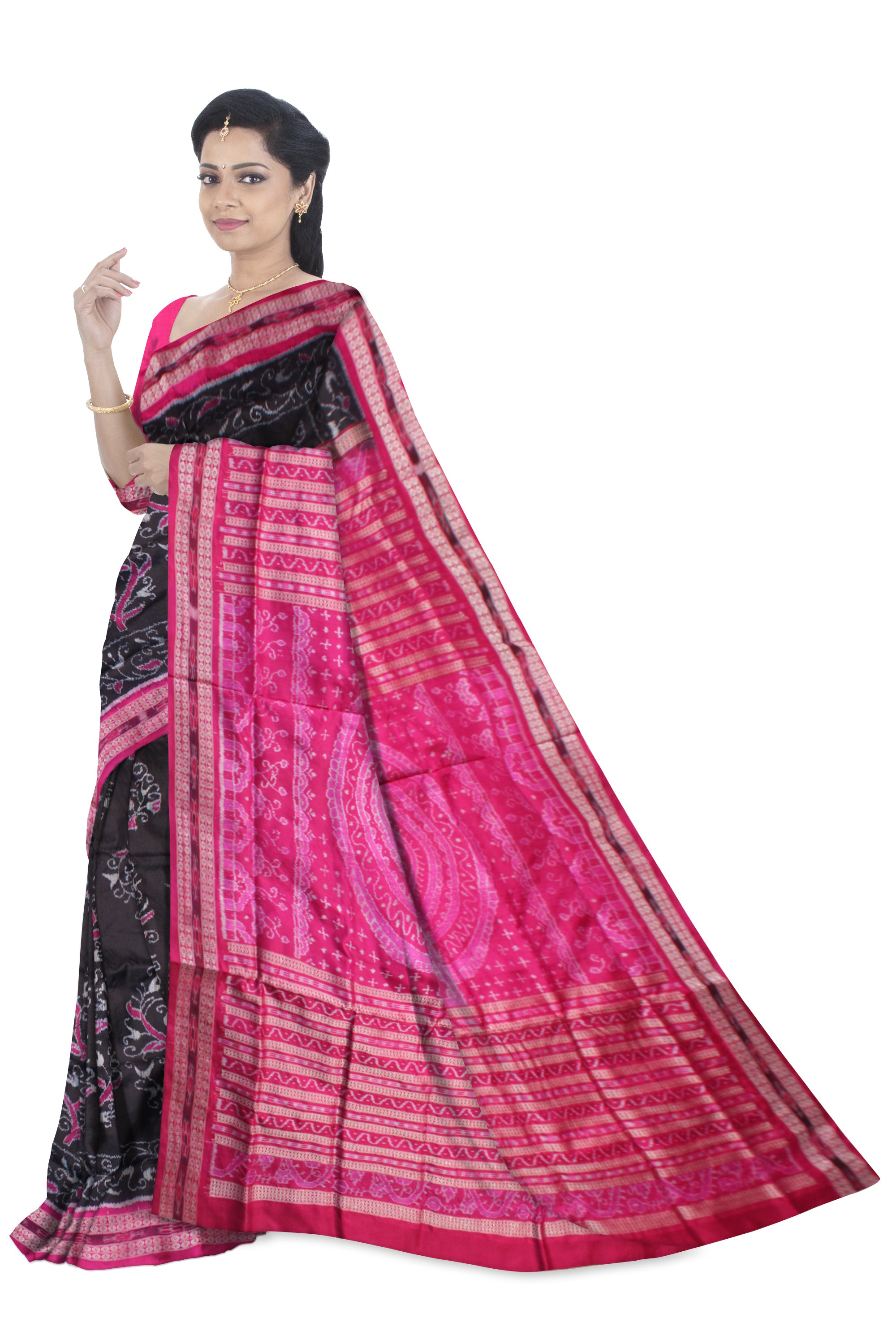 LATEST TREE PATTERN PURE SILK SAREE IS BLACK AND PINK COLOR BASE, ATTACHED WITH MATCHING BLOUSE PIECE. - Koshali Arts & Crafts Enterprise