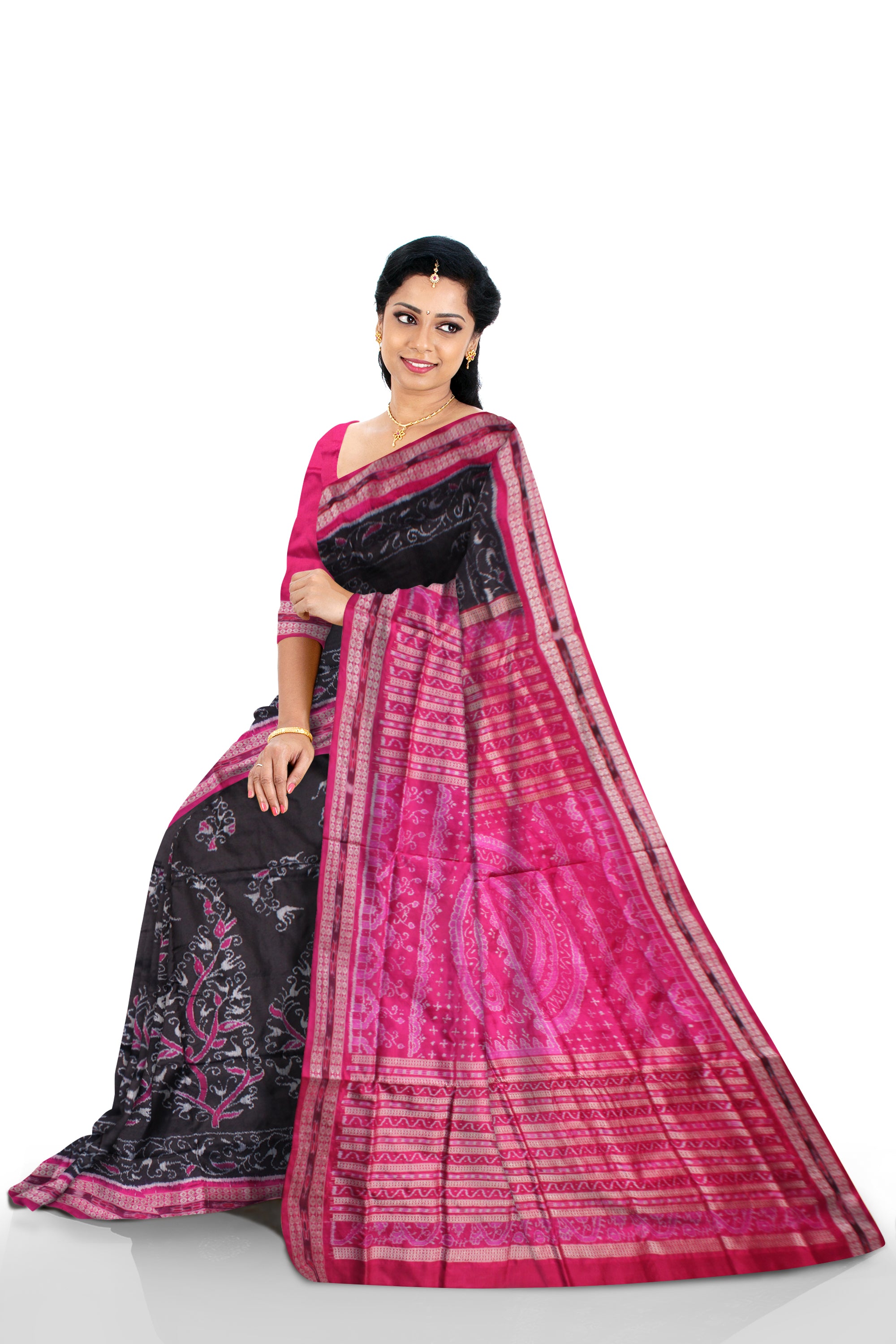 LATEST TREE PATTERN PURE SILK SAREE IS BLACK AND PINK COLOR BASE, ATTACHED WITH MATCHING BLOUSE PIECE. - Koshali Arts & Crafts Enterprise