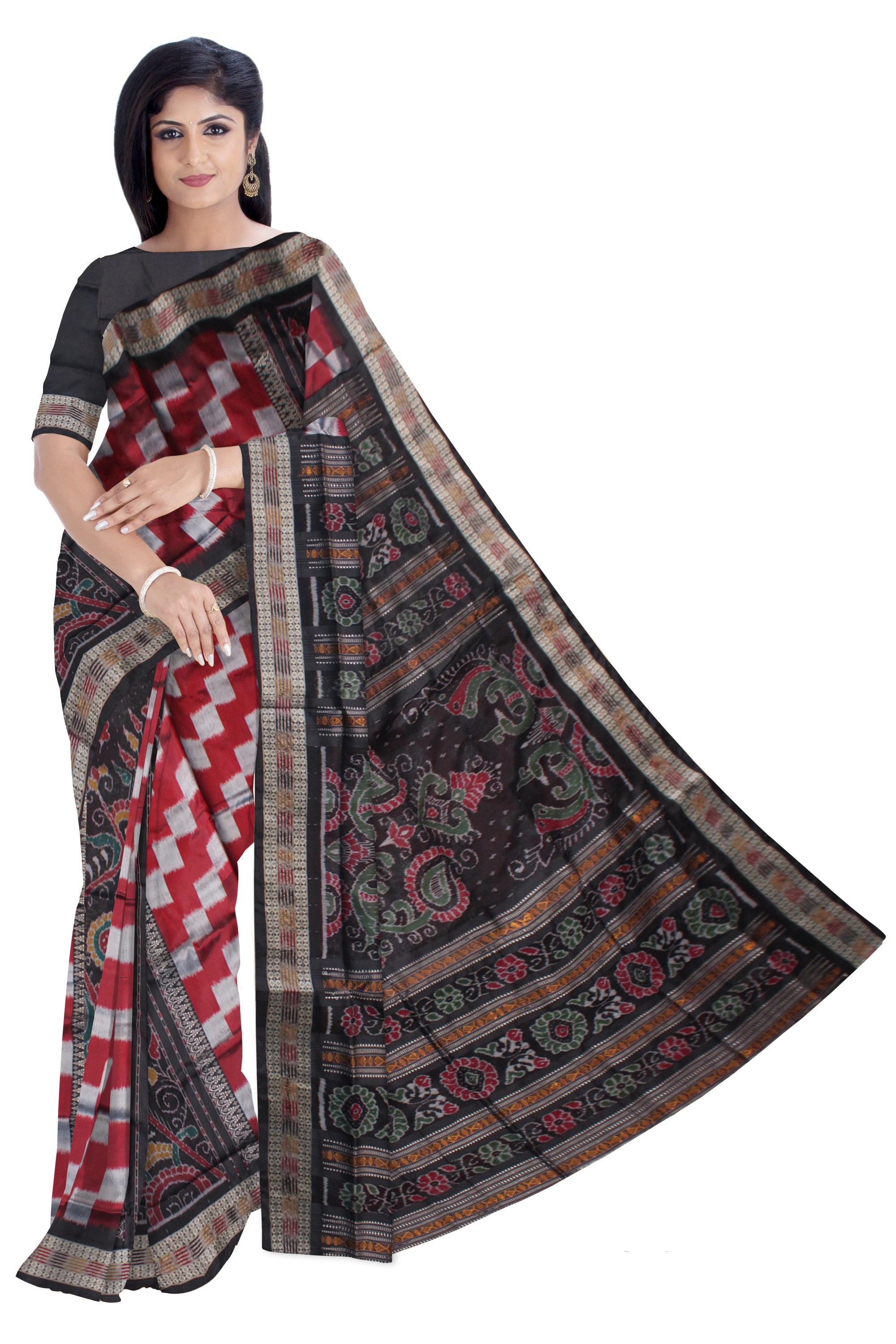 NEW TRADITIONAL LOOK PERE PERE BANDHA WITH BOMKEI PATTERN SAREE WITH BLACK COLOR BLOUSE. - Koshali Arts & Crafts Enterprise