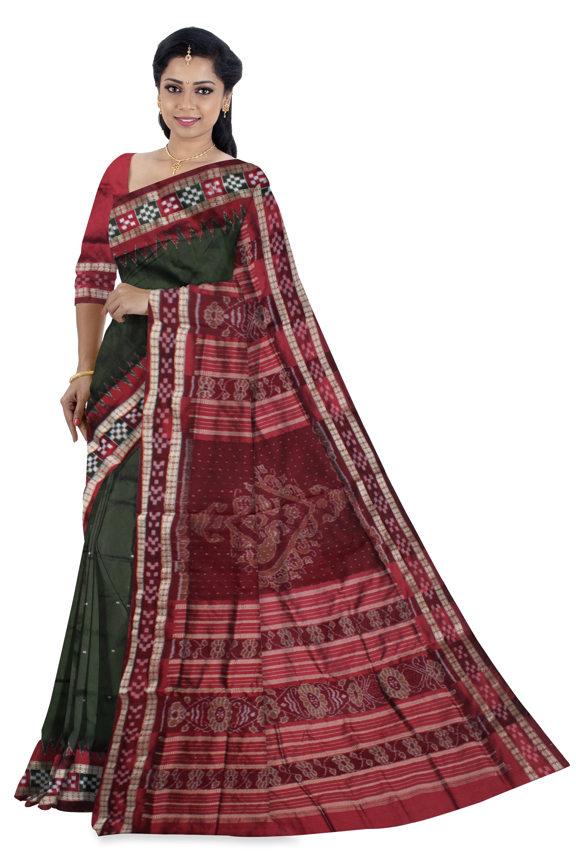 MEHENDI AND MAROON COLOR DHADI PASAPALI PATTERN PATA SAREE, WITH BLOUSE PIECE. - Koshali Arts & Crafts Enterprise