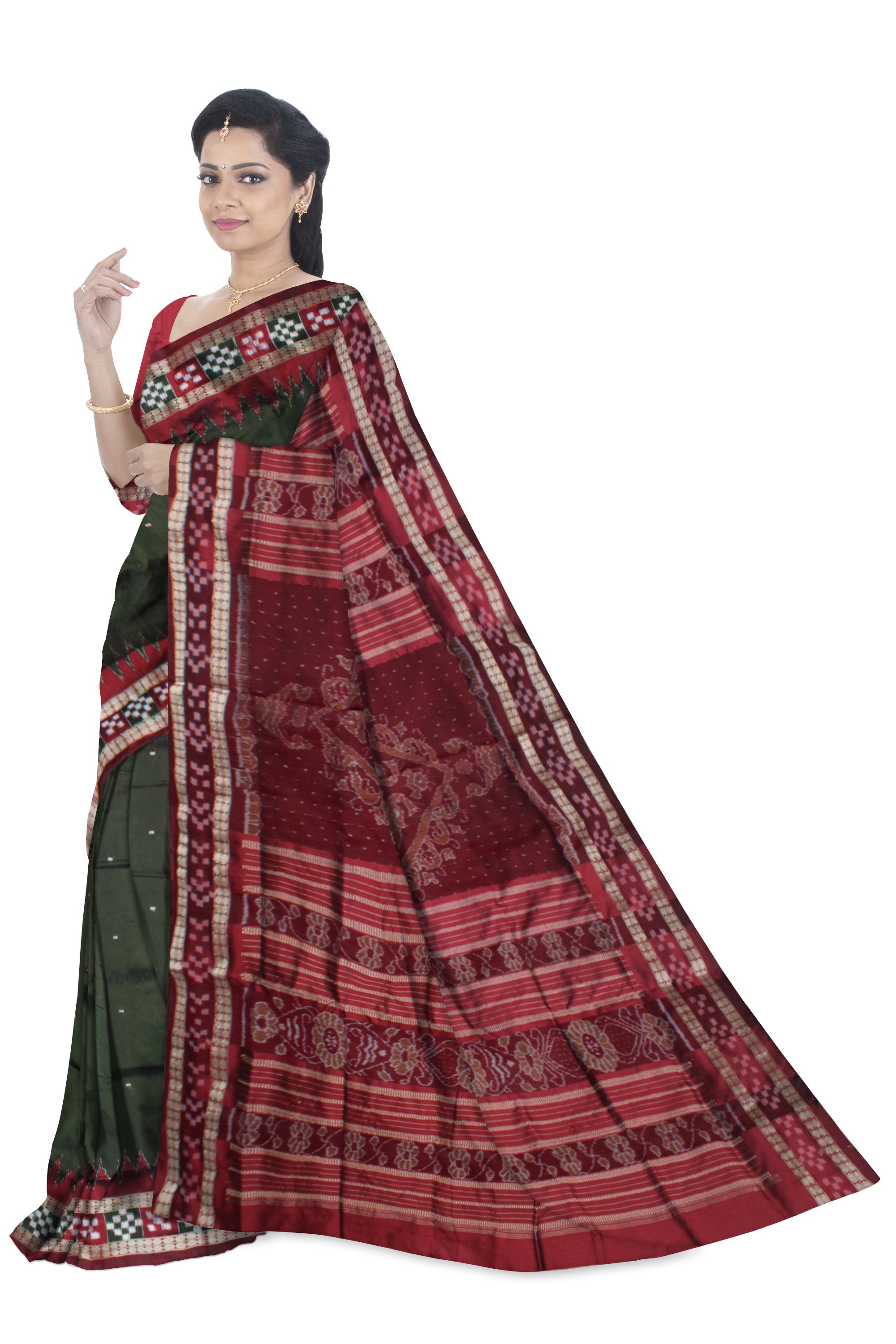 MEHENDI AND MAROON COLOR DHADI PASAPALI PATTERN PATA SAREE, WITH BLOUSE PIECE. - Koshali Arts & Crafts Enterprise