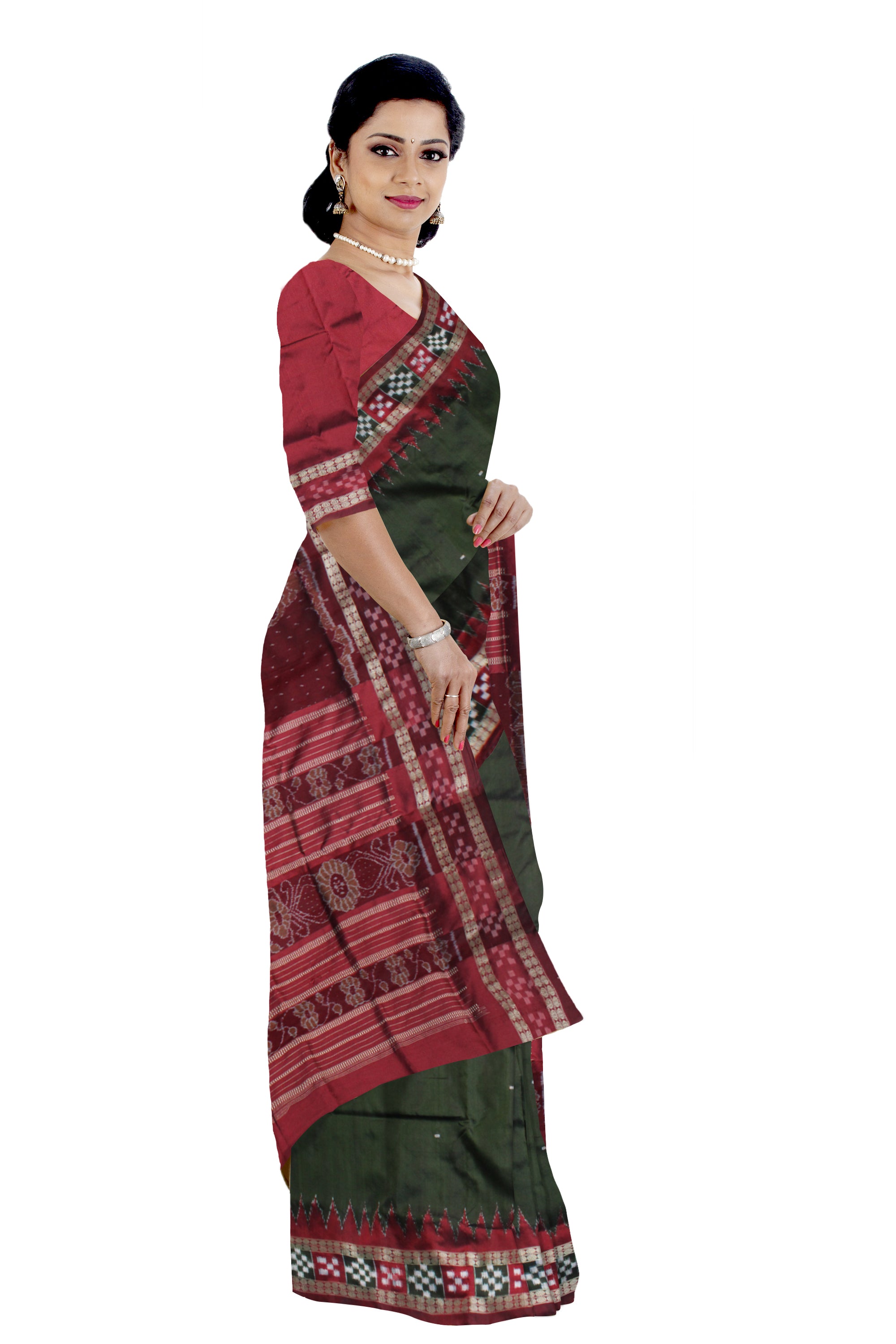 MEHENDI AND MAROON COLOR DHADI PASAPALI PATTERN PATA SAREE, WITH BLOUSE PIECE. - Koshali Arts & Crafts Enterprise